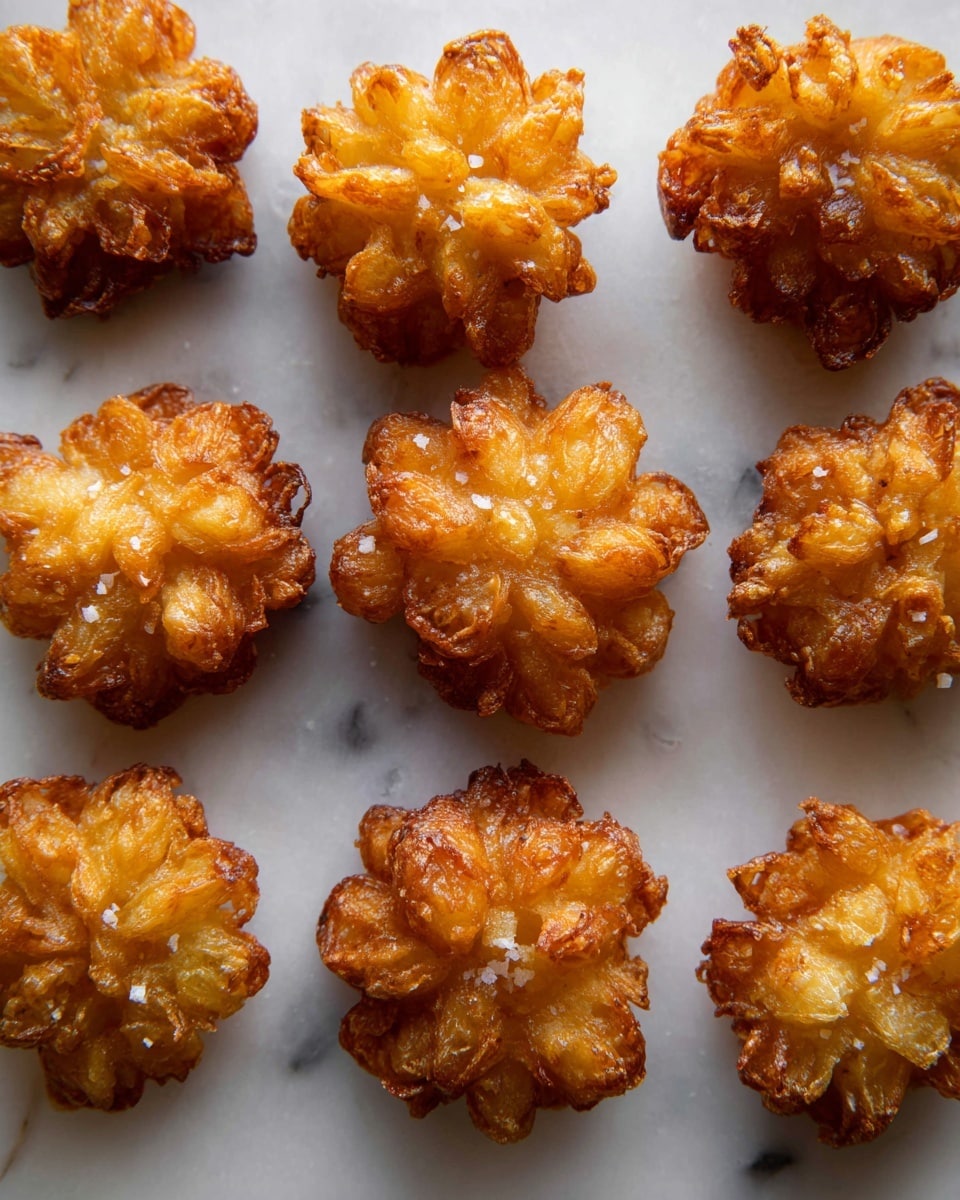 The image shows nine golden-brown, flower-shaped fried potato pieces arranged in a grid on a white marbled surface. Each piece has multiple crisp, chunky, and uneven layers forming a blooming pattern, with the outer edges darker and crispier than the softer, lighter center. The texture is crunchy with some parts showing a slight oil sheen, and a few grains of coarse salt are visible on some pieces. The photo is taken close up, capturing the warm tones and details of the fried potatoes. photo taken with an iphone --ar 4:5 --v 7