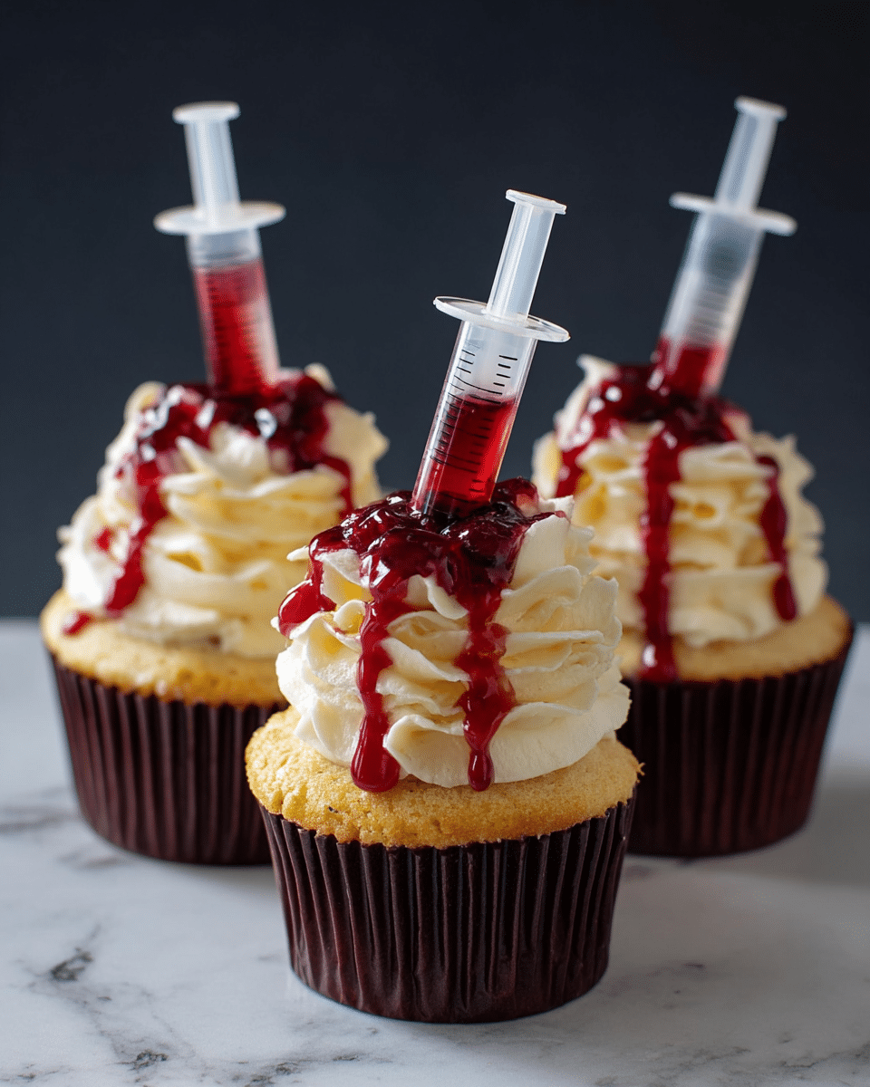 The image shows three cupcakes, each with one layer of light golden cake at the bottom, topped with a swirl of creamy off-white frosting that has a smooth, slightly wavy texture. On top of the frosting, there is a thick, deep red sauce that looks like berry syrup drizzled unevenly, some dripping down the frosting and cake edges. Each cupcake has a clear plastic syringe stuck into the frosting, filled with the same red sauce, angled differently on each cupcake. The cupcakes are in dark brown cupcake liners, placed on a white marbled surface, with a dark blurred background. photo taken with an iphone --ar 4:5 --v 7