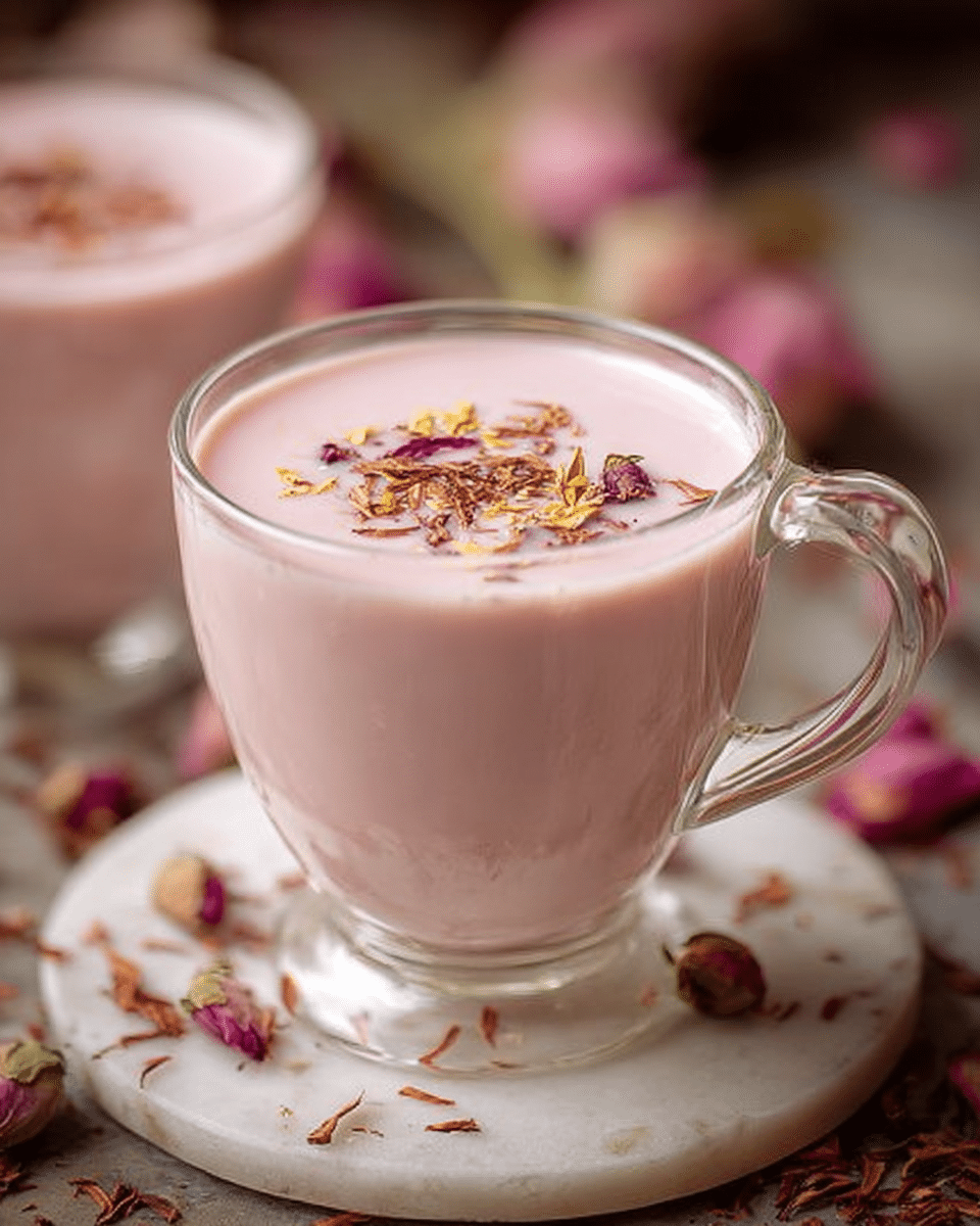 A clear glass cup with a curved handle is filled with a smooth, light pink creamy drink, topped with small brown shavings and light yellow flower petals, sitting on a white marbled surface scattered with pink rose petals and brown shavings. Another similar cup is blurred in the background, and the drink surface is even and glossy. Photo taken with an iphone --ar 4:5 --v 7