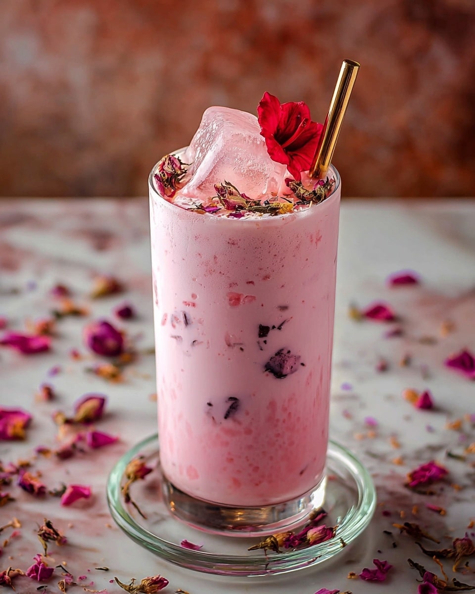 The image shows a tall, clear glass filled with a pink creamy drink with visible small dark bits floating inside. The drink has a frothy top layer with one large ice cube near the center. Small dried flower petals and herbs are sprinkled on the foam, and a bright red flower rests gently on the surface next to a gold metal straw. The glass is placed on a round clear coaster, sitting on a white marbled texture background with scattered pink petals and dried herbs around it. photo taken with an iphone --ar 4:5 --v 7
