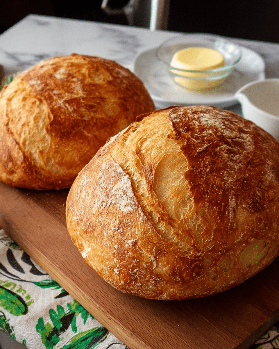 Two round loaves of crusty bread with a golden-brown, slightly cracked surface sit on a wooden cutting board. The bread has a rough texture with some lighter flour dusting and a crack running across the top. In the background, a small glass bowl with pale yellow butter is partially visible, placed on a white marbled tablecloth featuring a green and black leaf pattern. Photo taken with an iphone --ar 4:5 --v 7