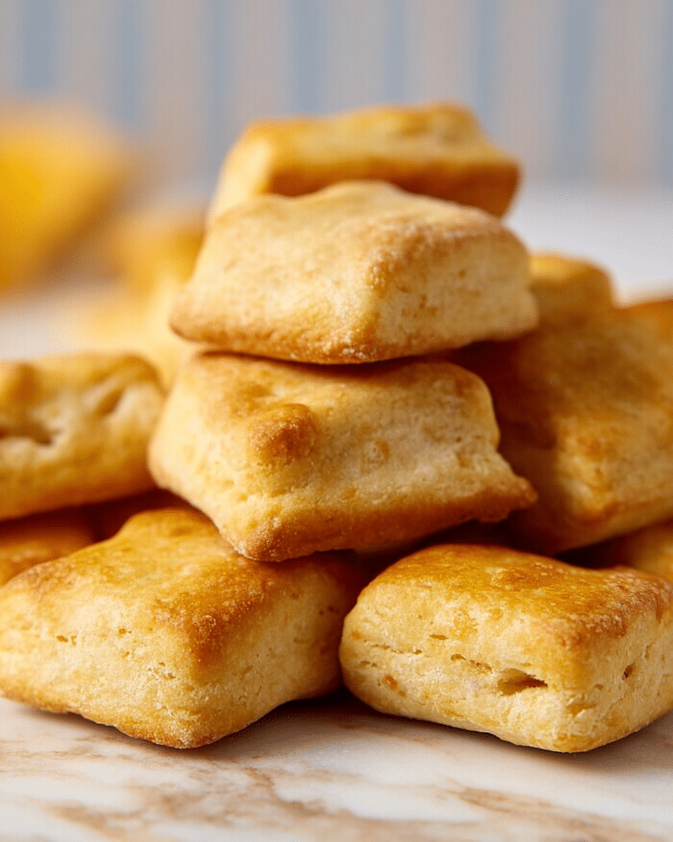 A close-up view of a pile of small, golden-brown baked square biscuits with slightly puffed surfaces and soft texture. Each biscuit has a light crust with some uneven brown spots and smooth edges. The biscuits are stacked naturally on a white marbled surface, showing slight variations in size and color. The background is softly blurred, focusing attention on the front row of biscuits. photo taken with an iphone --ar 4:5 --v 7
