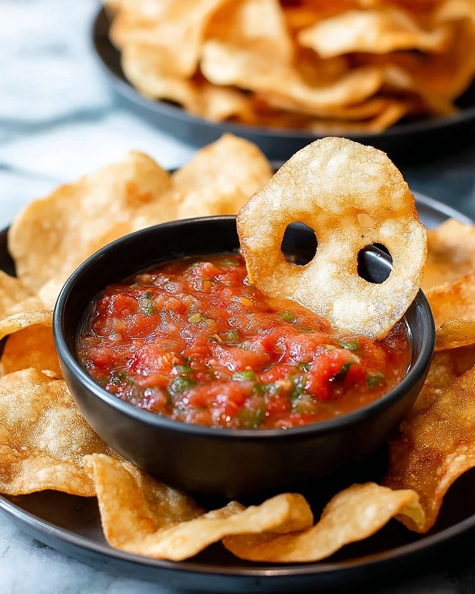 A round, thin, golden-brown chip with two round holes resembling eyes is dipped into a small black bowl filled with chunky red salsa that has bits of green herbs and tomato visible. The bowl sits on a black plate surrounded by more of the same chips, all on a white marbled surface. Another plate in the background holds more chips stacked closely together. photo taken with an iphone --ar 4:5 --v 7