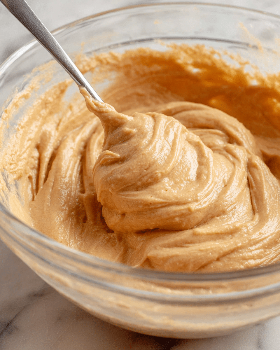 A close-up view of a clear glass bowl filled with smooth, creamy light brown batter being stirred by a metal spoon. The batter has a thick, soft texture with slightly shiny highlights, and it clings to the spoon in a swirling pattern. The background features a white marbled surface that contrasts with the warm color of the batter. Photo taken with an iphone --ar 4:5 --v 7