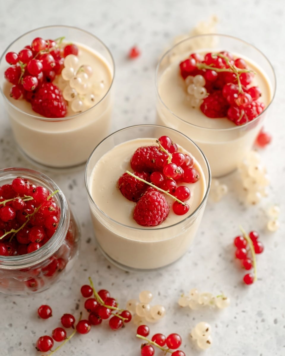 Three clear glass cups are filled with a smooth and creamy light beige mousse. Each cup is topped with bright red raspberries and small red currants resting gently on the mousse's soft surface. Around the cups, scattered red and white currants add a pop of color to the white marbled texture beneath. A small glass jar tipped over holds more white currants. The image has a fresh and light appearance. photo taken with an iphone --ar 4:5 --v 7