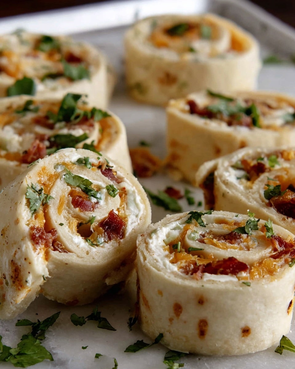 The image shows several thick, sliced rolled appetizers arranged on a white marbled surface and a white tray in the background. Each roll has three visible layers: the outer layer is a soft, pale dough with light brown baked spots; the middle layer is a creamy white spread that looks smooth and soft; the inner layer has a mix of orange shredded cheese and small bits of red bacon or ham. Fresh chopped green herbs are scattered on top and around the rolls for garnish. The rolls are cut evenly, showing a neat spiral pattern. Photo taken with an iphone --ar 4:5 --v 7