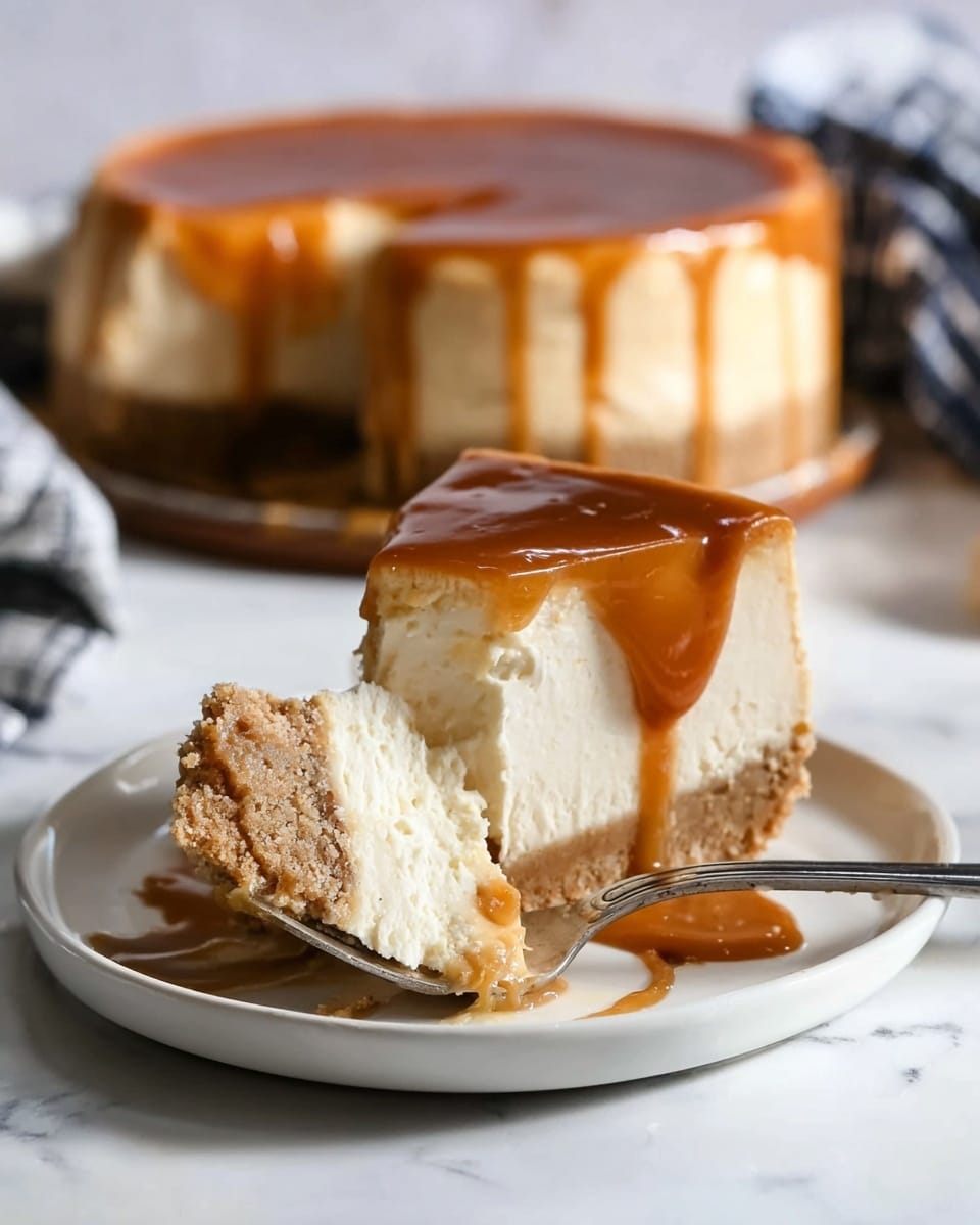 A slice of cheesecake sits on a white plate placed on a white marbled surface. The cheesecake has three layers: a light brown crumbly crust at the bottom, a thick creamy off-white middle layer, and a smooth shiny caramel topping that drips down the side. Next to the slice, a fork holds a bite-sized piece of the cheesecake with some caramel sauce on it. In the background, the rest of the cheesecake, with the caramel top clearly visible, is slightly out of focus. Photo taken with an iphone --ar 4:5 --v 7