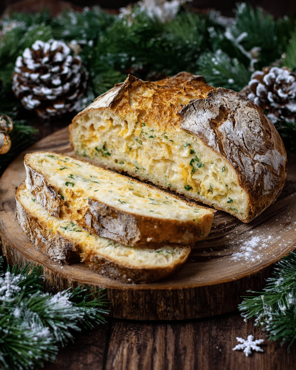 A rustic loaf of bread is sliced open on a wooden round board, showing a soft, light yellow inside with green flecks of herbs and small pockets of melted cheese. The crust is thick, rough, and dusted with flour, with a golden brown color. Two thick slices are placed in front of the larger unsliced part of the loaf. The scene is framed with green pine branches and pine cones dusted with white to give a wintery feel, all set on a dark wooden surface replaced with white marbled texture. photo taken with an iphone --ar 4:5 --v 7
