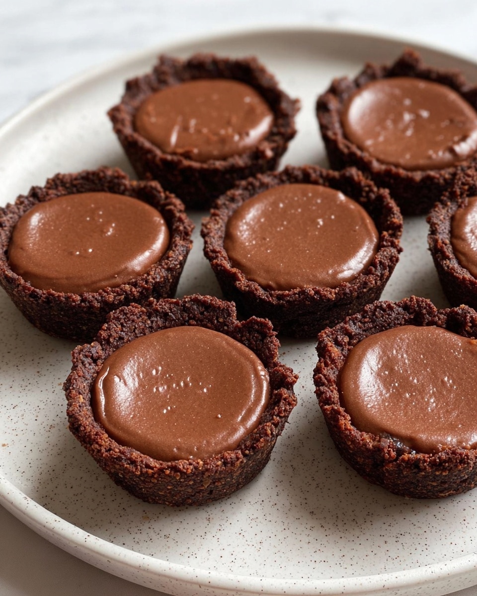 The image shows six small chocolate tarts arranged on a white speckled plate set on a white marbled surface. Each tart has two visible layers: the bottom crust is dark brown, rough, and crumbly, forming a cup shape with uneven edges, while the top filling is smooth, creamy, and slightly shiny chocolate mousse, filling the crust to the brim with a few small bubbles on the surface. The tarts are evenly spaced but not perfectly aligned, creating a natural, homemade look. photo taken with an iphone --ar 4:5 --v 7
