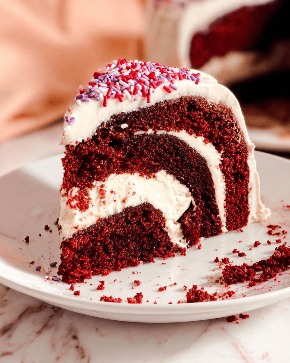A slice of red velvet cake is shown with three visible layers: the top and bottom layers are dark red with a soft, crumbly texture, and the middle layer is creamy white frosting that is smooth and thick. The cake is covered with a white icing that drips slightly down the sides, decorated with small red and purple sprinkles on top. The cake is placed on a white plate with crumbs scattered around, set on a white marbled surface with a soft, warm background. photo taken with an iphone --ar 4:5 --v 7