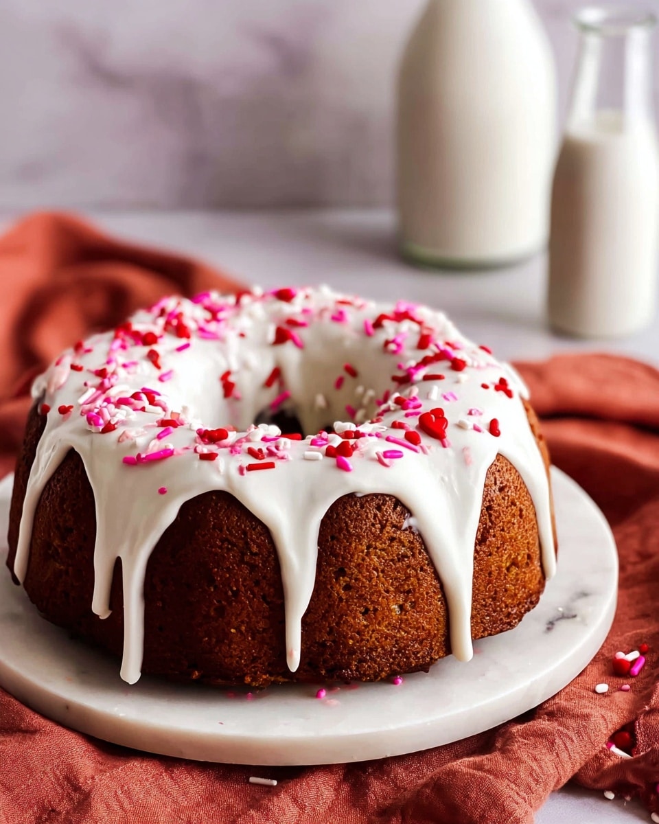 A round bundt cake with a rich brown color sits on a white marbled plate, topped with a thick layer of smooth white icing that drips down the sides in uneven streams. The icing is decorated with small pink, red, and white sprinkles scattered across the top, adding a playful touch of color. The cake's surface looks dense and textured with a few visible cracks, hinting at a moist inside. The plate rests on a rust-colored cloth, and in the blurred background, there are two glass bottles, one tall and one smaller, filled with white liquid, set on a white marbled surface. photo taken with an iphone --ar 4:5 --v 7