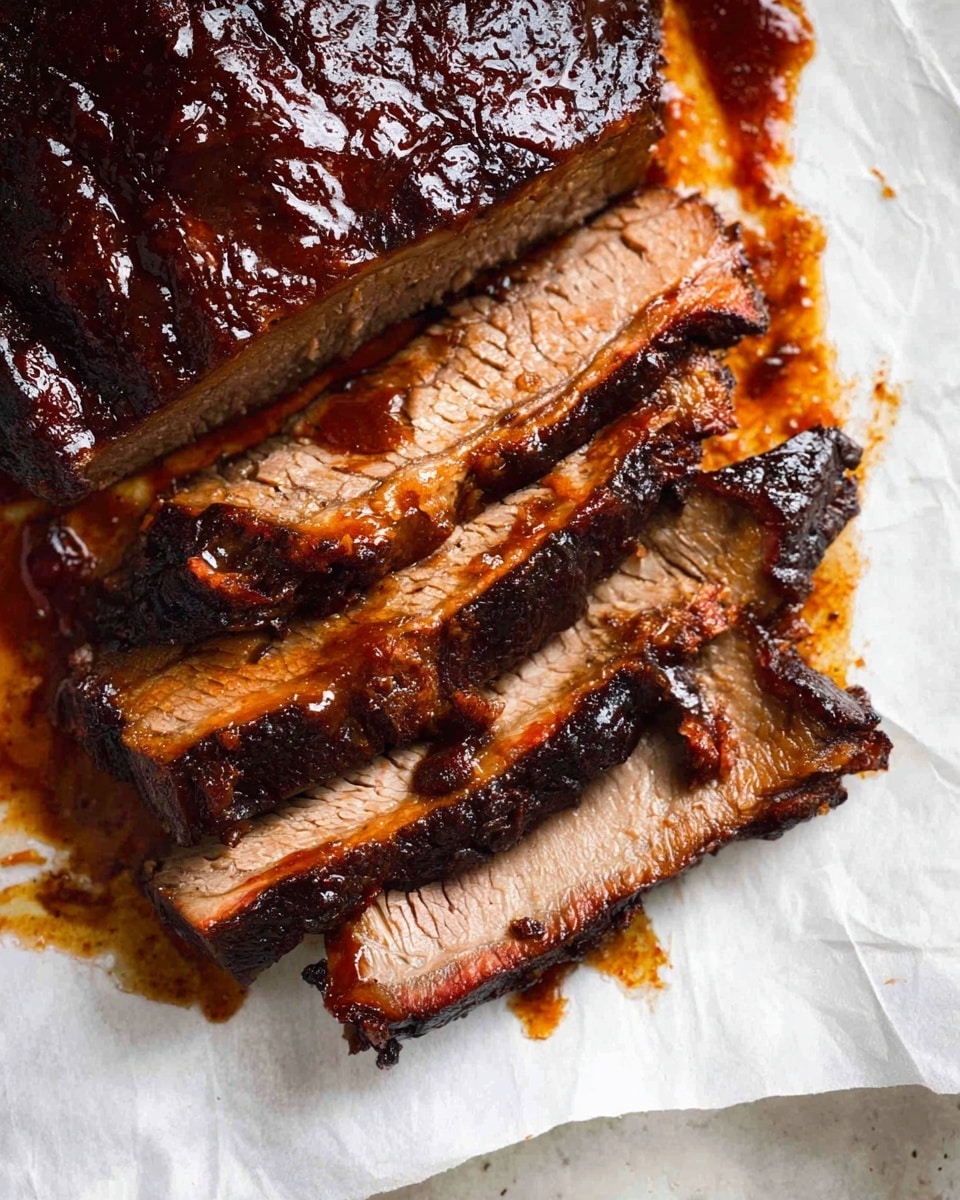 The image shows a close-up view of sliced smoked beef brisket on white parchment paper placed on a white marbled surface. There are four main slices of the brisket, each layer showing a mix of dark brown crust on the edges and a lighter brown cooked meat texture inside. The top left part of the image includes a larger piece of brisket with a glossy, dark brown bark. Juices from the meat create sauce patches on the parchment paper, especially around the slices. The meat looks tender, moist, and slightly fatty in some parts. Photo taken with an iphone --ar 4:5 --v 7