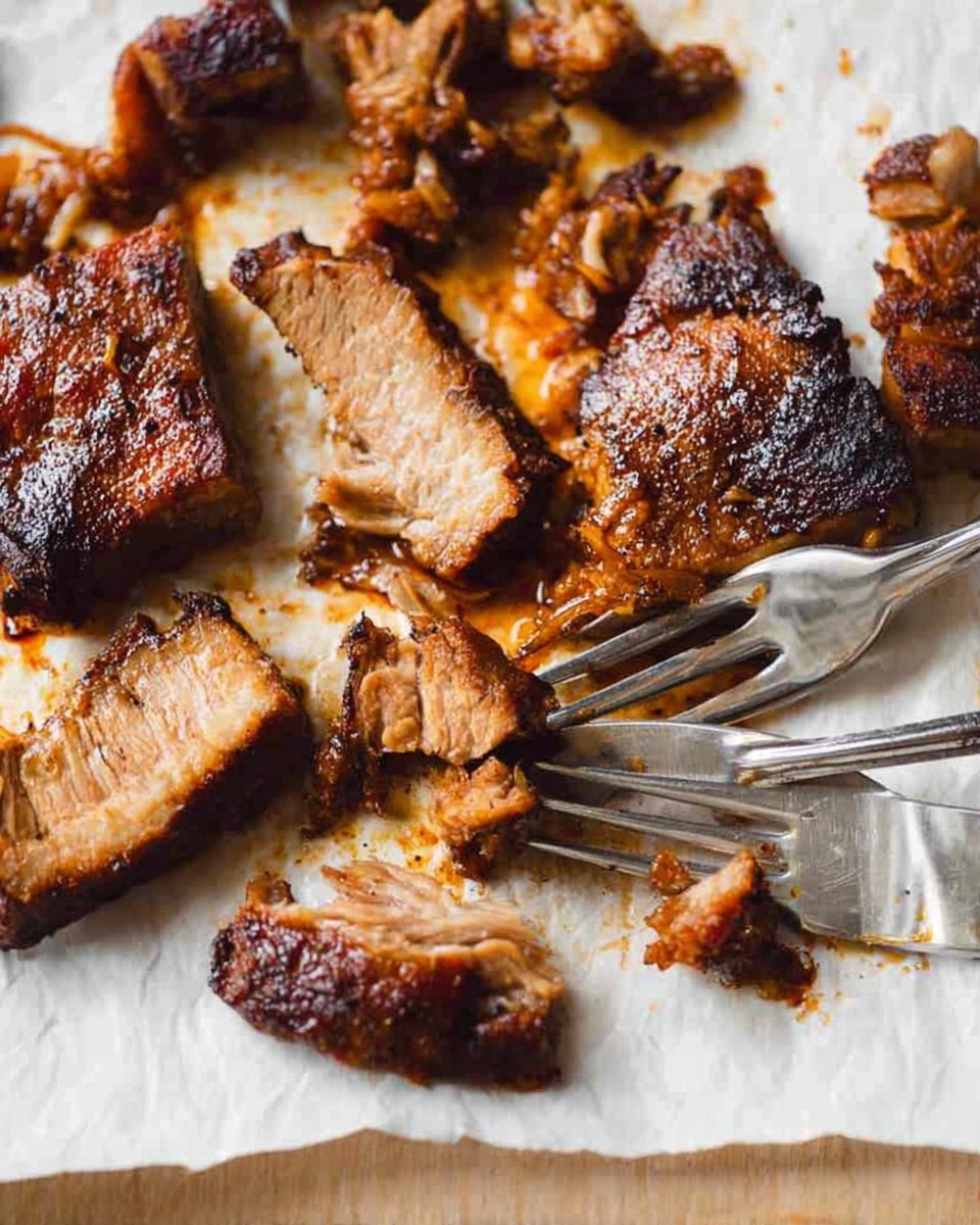 The image shows a close-up of cooked and sliced meat on a white parchment paper placed on a white marbled surface. The meat is brown with crispy, dark charred edges and juicy interior, scattered in several pieces and slices across the paper. Two metal forks, positioned on the right and left sides, are gently pulling apart the meat, showing fibrous texture and some greasy spots. The overall look is rustic and hearty, with a warm color tone from the cooked meat and the natural light coming from the top left corner. photo taken with an iphone --ar 4:5 --v 7