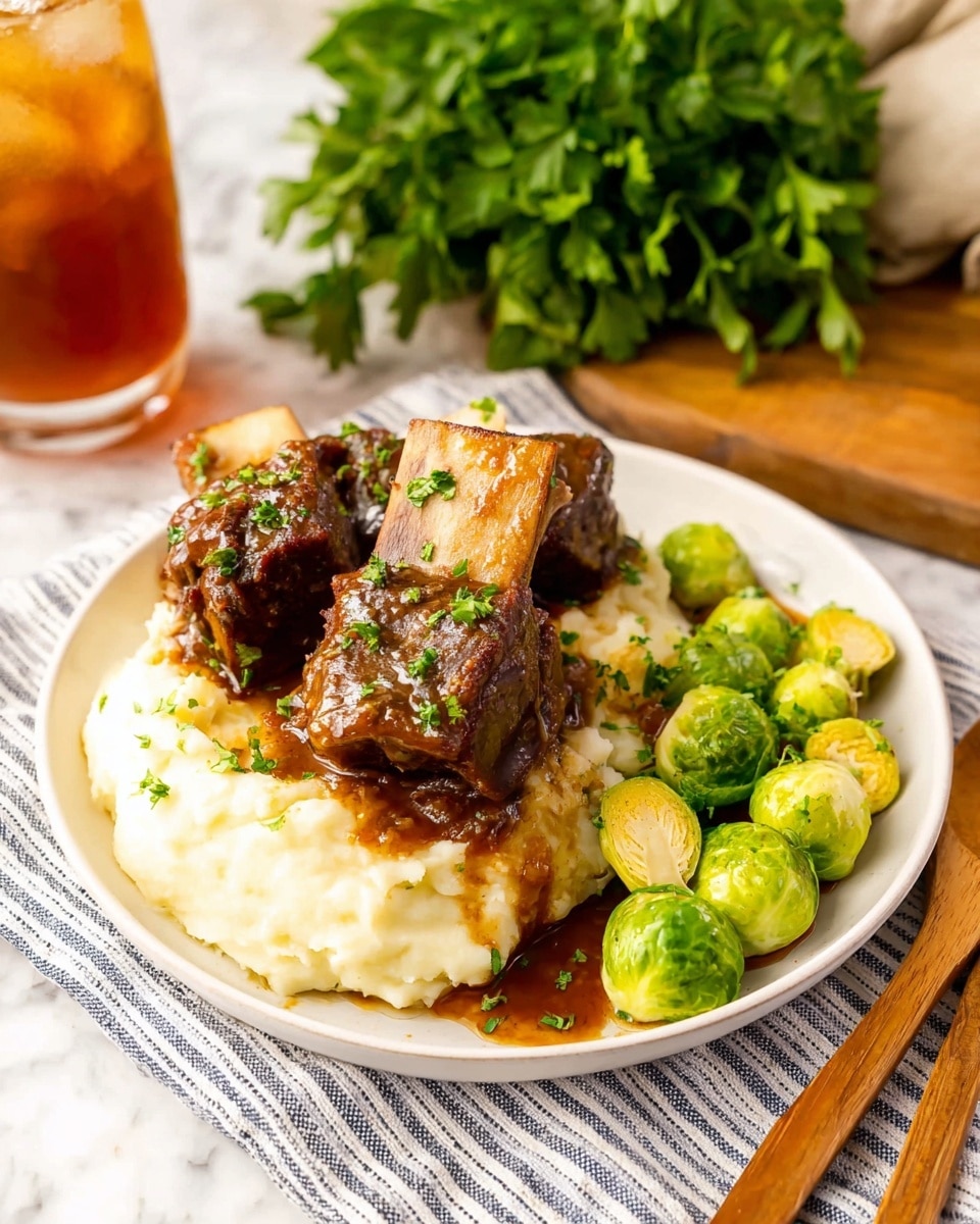 A white plate holds a serving of creamy mashed potatoes as the base layer, smooth and slightly textured with a pale off-white color. On top are two large pieces of browned, tender-looking beef ribs with a rich, glossy brown gravy coating them, sprinkled with small green parsley bits. To the plate's side are bright green cooked brussels sprouts, and fresh curly kale with a deep green color fills the background. The entire scene sits on a white marbled surface with a striped cloth beneath the plate. Photo taken with an iphone --ar 4:5 --v 7