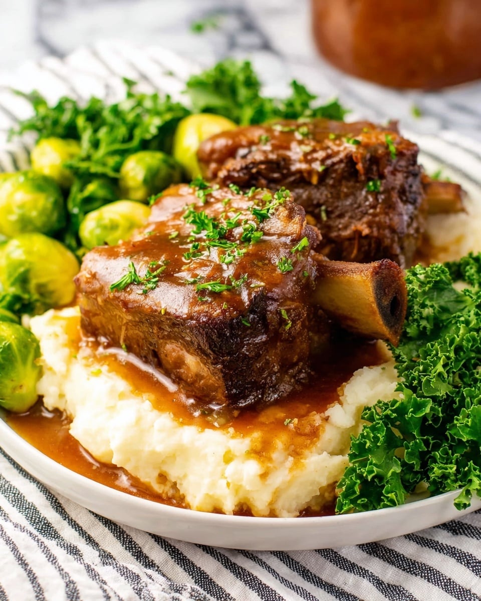 A white plate sits on a striped cloth over a white marbled texture surface, holding a dish with three main layers. The bottom layer is creamy mashed potatoes with a smooth, slightly lumpy texture and a pale off-white color. On top are two large pieces of braised short ribs, dark brown and richly glazed with a shiny, slightly thick brown sauce that drips down the sides, sprinkled with small bits of green parsley. To the right side of the ribs, bright green Brussels sprouts with a glossy texture are piled, some showing slight seasoning. In the background, a glass filled with iced tea and a bunch of fresh green parsley are visible, next to a wooden spoon on the right. photo taken with an iphone --ar 4:5 --v 7