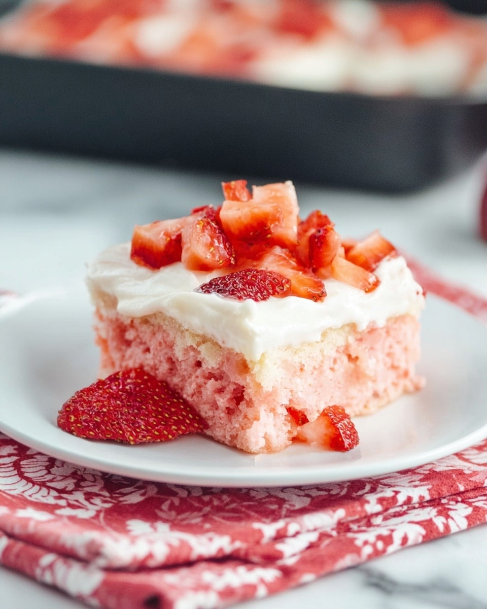 A single square piece of pink cake sits on a white plate placed on a red and white patterned cloth over a white marbled surface. The cake has two layers: a thick, fluffy pink bottom layer with a moist texture and small bits of lighter color within, topped with a smooth, creamy white frosting layer. On top of the frosting, there is a generous scattering of small, chopped fresh strawberries, bright red with natural seeds visible. A few strawberry pieces are also resting on the plate next to the cake. In the blurred background, part of a black pan is visible on the white marbled surface. photo taken with an iphone --ar 4:5 --v 7