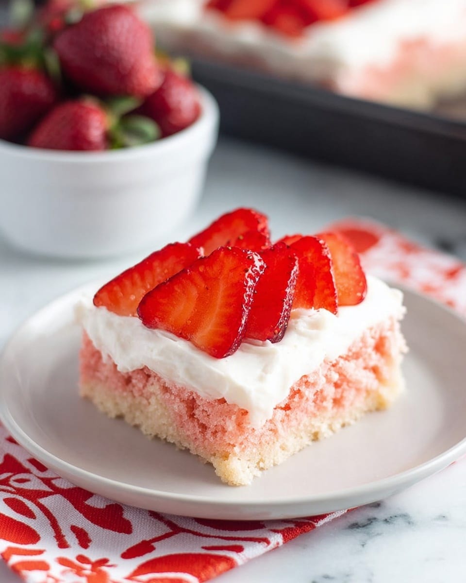 A single square piece of pink cake with visible soft, crumbly texture forms the bottom layer; it is topped with a thick, smooth layer of white frosting spread evenly. On top, there are five thin slices of fresh strawberries, red with tiny seeds and shiny surfaces, neatly arranged in a slightly overlapping row. The cake sits on a simple white plate placed on a white marbled surface with a red and white patterned cloth under the plate. In the background, there is a white bowl filled with whole strawberries and a dark baking tray blurred out. photo taken with an iphone --ar 4:5 --v 7