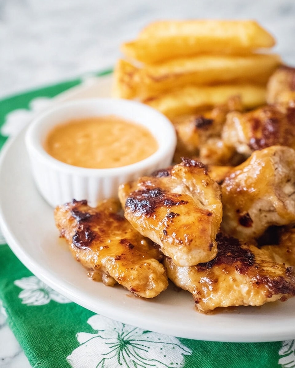 A white plate sits on a white marbled surface with a green and white patterned cloth under its edge. The plate holds several pieces of golden-brown fried chicken arranged close to each other in the foreground and middle ground. Behind the chicken pieces, there is a cluster of light golden fries. Towards the back right side of the plate, a small white ramekin holds a thick, smooth, yellow dipping sauce. The overall look is warm-toned and crispy, with the textures of crunchy fried chicken and fries clearly visible. Photo taken with an iphone --ar 4:5 --v 7