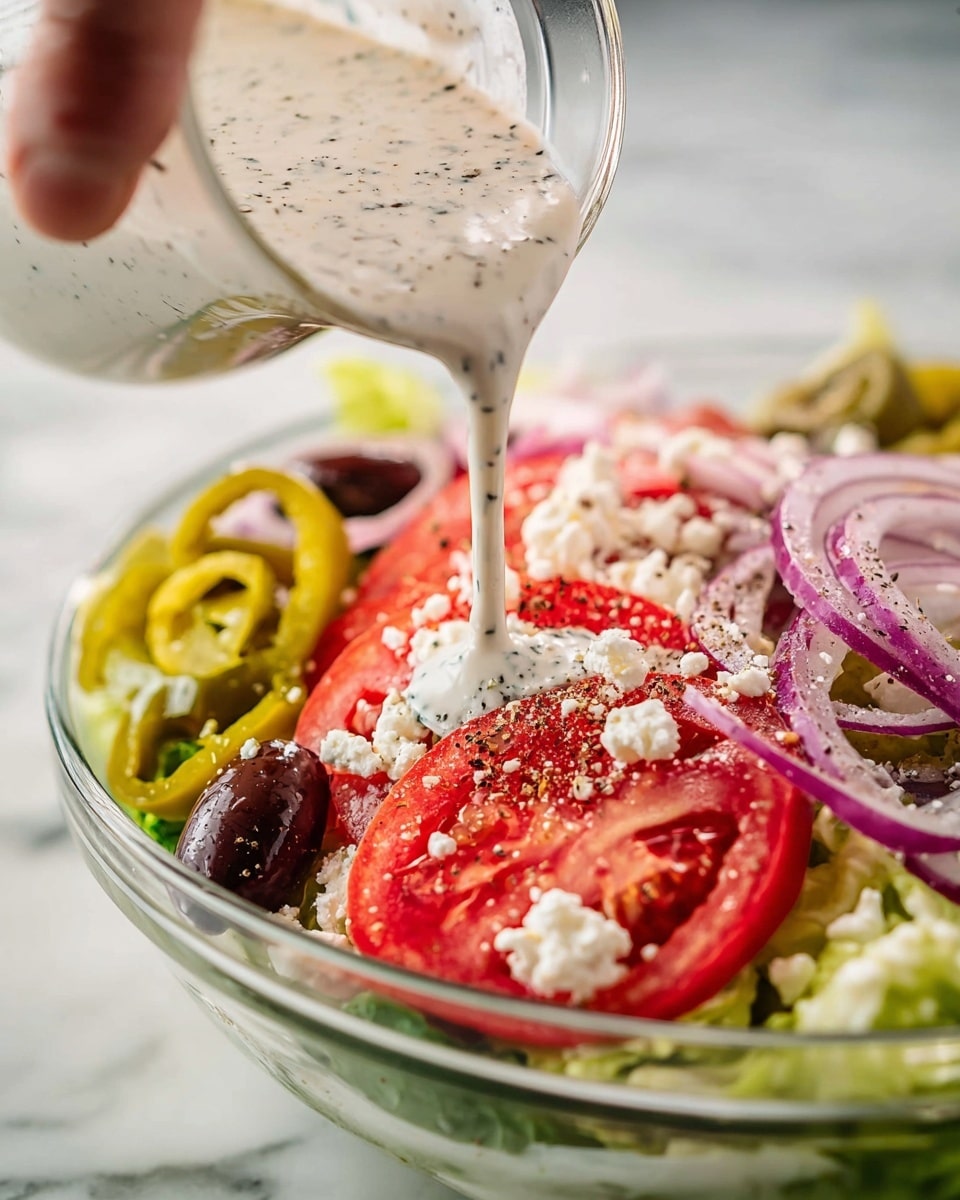 A close-up shows a fresh salad in a clear bowl, with layers starting from crisp green lettuce at the bottom, topped with thick slices of bright red tomatoes sprinkled with white cheese crumbles, thin rings of purple-red onion, dark olives placed on top, and light green pepperoncini peppers. Creamy white dressing with black specks is being poured from a small glass container by a woman's hand, cascading over the tomato slices and olives. The background has a white marbled texture. photo taken with an iphone --ar 4:5 --v 7