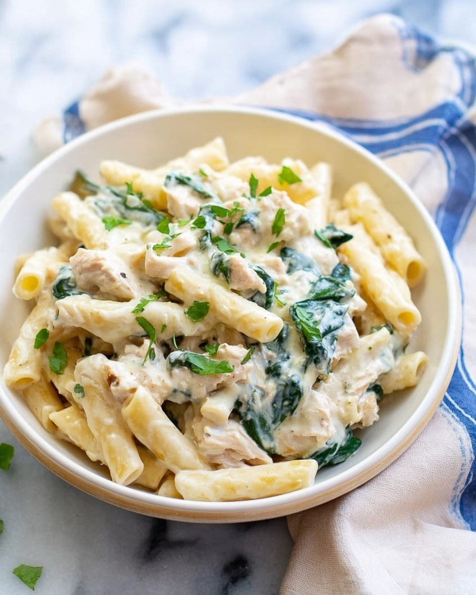 A white bowl filled with creamy pasta made of short tubular noodles, coated in a thick white sauce with visible small pieces of cooked chicken and green spinach leaves mixed throughout. The dish is garnished with small green herb pieces scattered on top. The bowl sits on a white marbled surface with a pale beige cloth and a blue-striped cloth in the blurred background. Photo taken with an iphone --ar 4:5 --v 7