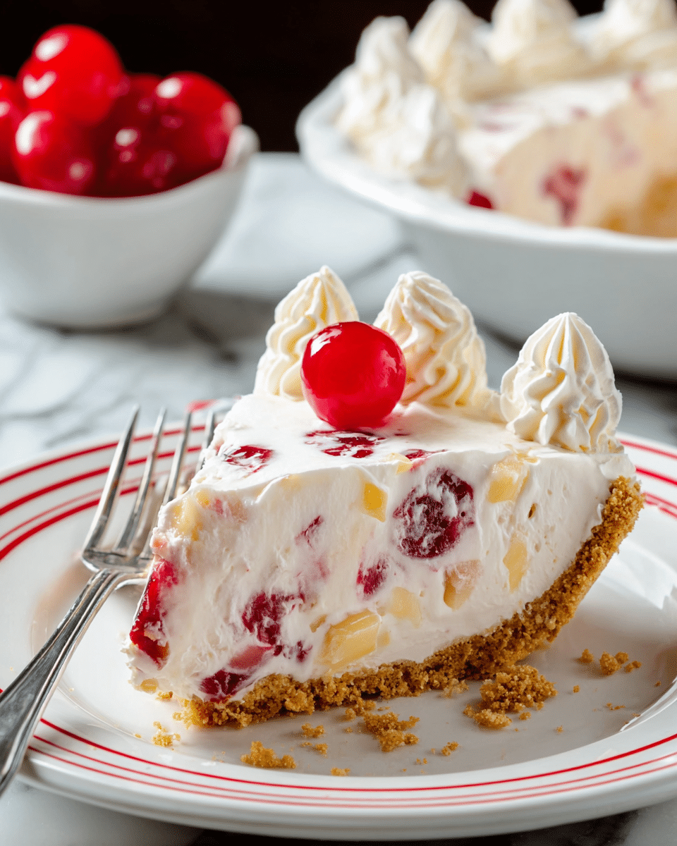 A slice of creamy white dessert with visible pieces of red cherries and light yellow fruit mixed inside. It has a thick golden-brown crumb crust at the bottom and three small white whipped cream peaks around the top edge. A glossy red cherry sits on the middle whipped cream peak. The slice is placed on a white plate with red rings near the edge, and a silver fork rests beside it. In the background, there is a white dish with more of the dessert and a small white bowl filled with bright red cherries. The surface beneath is a white marbled texture. Photo taken with an iphone --ar 4:5 --v 7