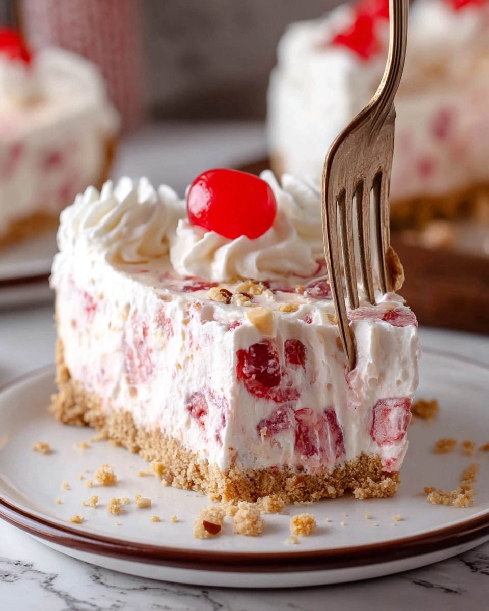 The image shows a slice of a no-bake cherry dessert on a white plate with a thin brown rim. The slice has two main layers: a crumbly light brown crust at the bottom, and a thick, creamy white filling mixed with bright red cherry pieces and light tan nut bits, giving a textured look. The top of the slice is smooth with whipped cream dollops and a shiny red cherry placed near the center. A fork is pushed into the center of the slice, held by a woman's hand, with crumbs scattered around the base on the plate. The background has a white marbled texture and a blurred view of more dessert slices. Photo taken with an iphone --ar 4:5 --v 7
