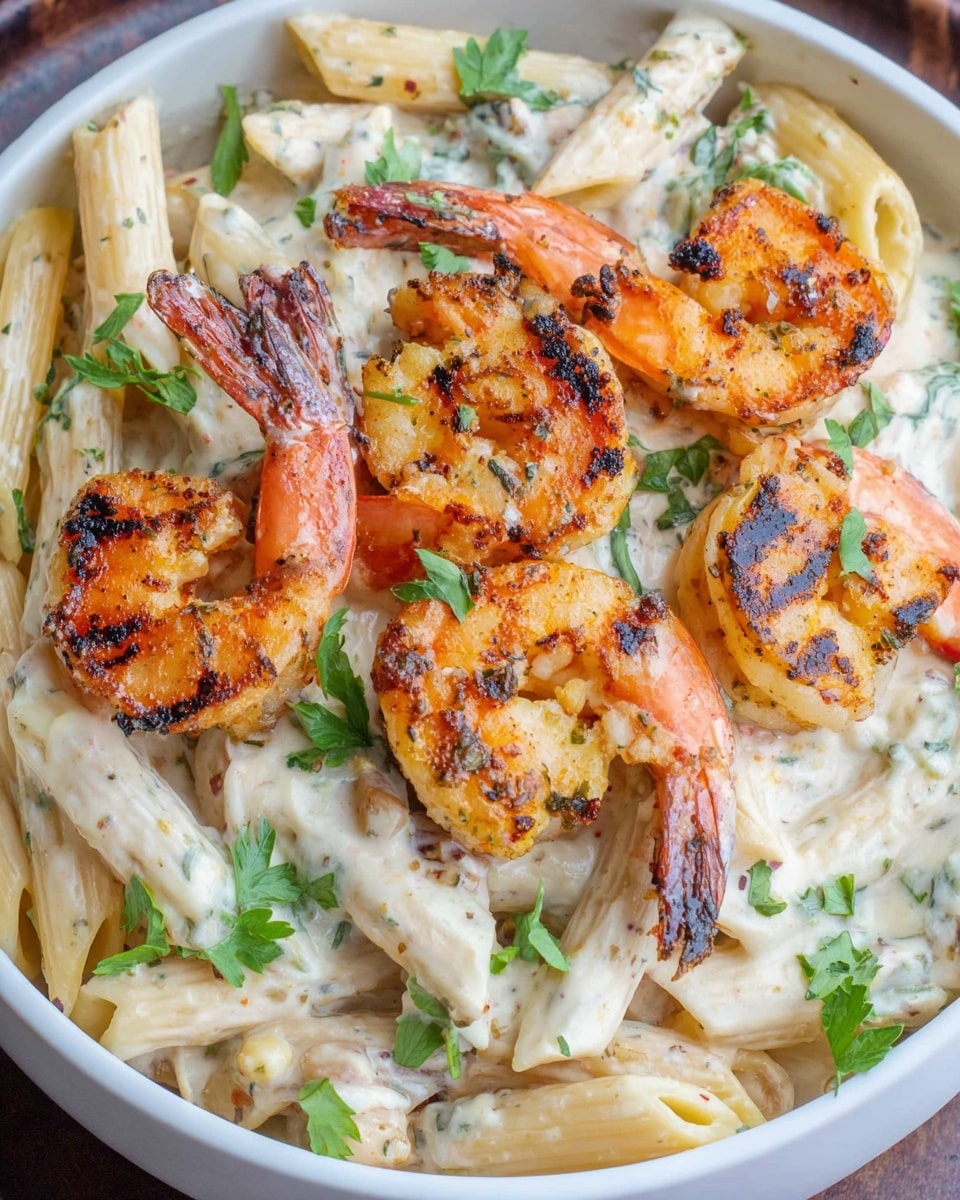 A white bowl filled with creamy penne pasta as the base layer, coated in a smooth, off-white sauce with visible herbs and seasoning. On top of the pasta, there are four large grilled shrimp, each with a bright orange-pink color and some charred grill marks, giving a slightly blackened texture. Scattered around the shrimp and pasta are small green parsley leaves, adding a fresh pop of green color. The overall texture is creamy and slightly chunky with the shrimp bold on top, all placed on a white marbled surface. Photo taken with an iphone --ar 4:5 --v 7