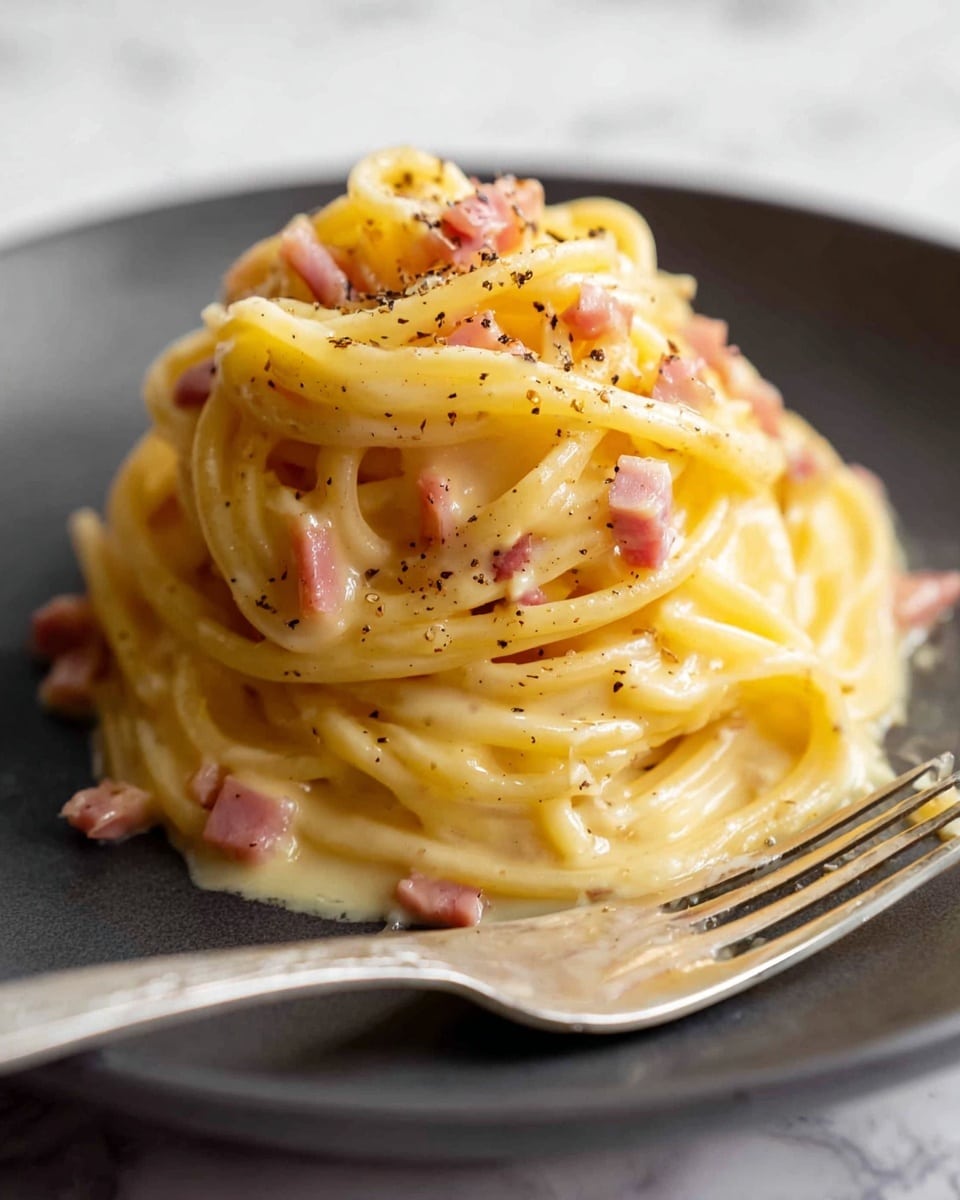 A white plate holds a twirled mound of creamy yellow spaghetti coated in a rich sauce, with small pieces of pink ham mixed throughout. The pasta looks smooth and slightly glossy, with specks of ground black pepper sprinkled on top. A silver fork rests near the base of the pasta on the plate. The background is a white marbled texture. photo taken with an iphone --ar 4:5 --v 7