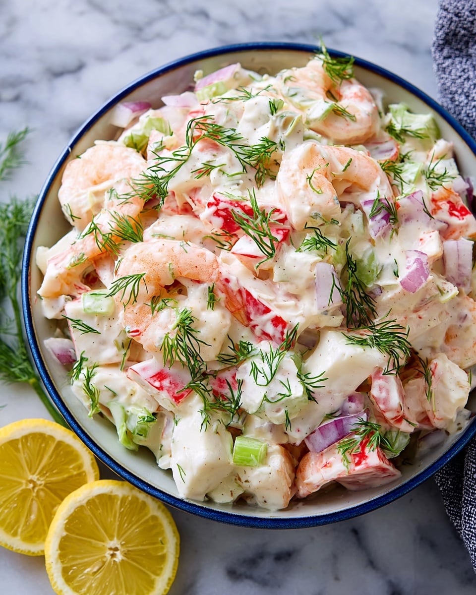 The dish is a creamy seafood salad served in a white bowl with a blue rim, filled with three main layers: plump light pink shrimp, thick white and red pieces of imitation crab, and small chunks of green celery mixed with finely chopped red onion. The salad is coated in a smooth white dressing with fresh sprigs of dill scattered on top, adding green specks throughout. At the bottom left corner, two bright yellow lemon wedges rest on the white marbled texture surface. photo taken with an iphone --ar 4:5 --v 7