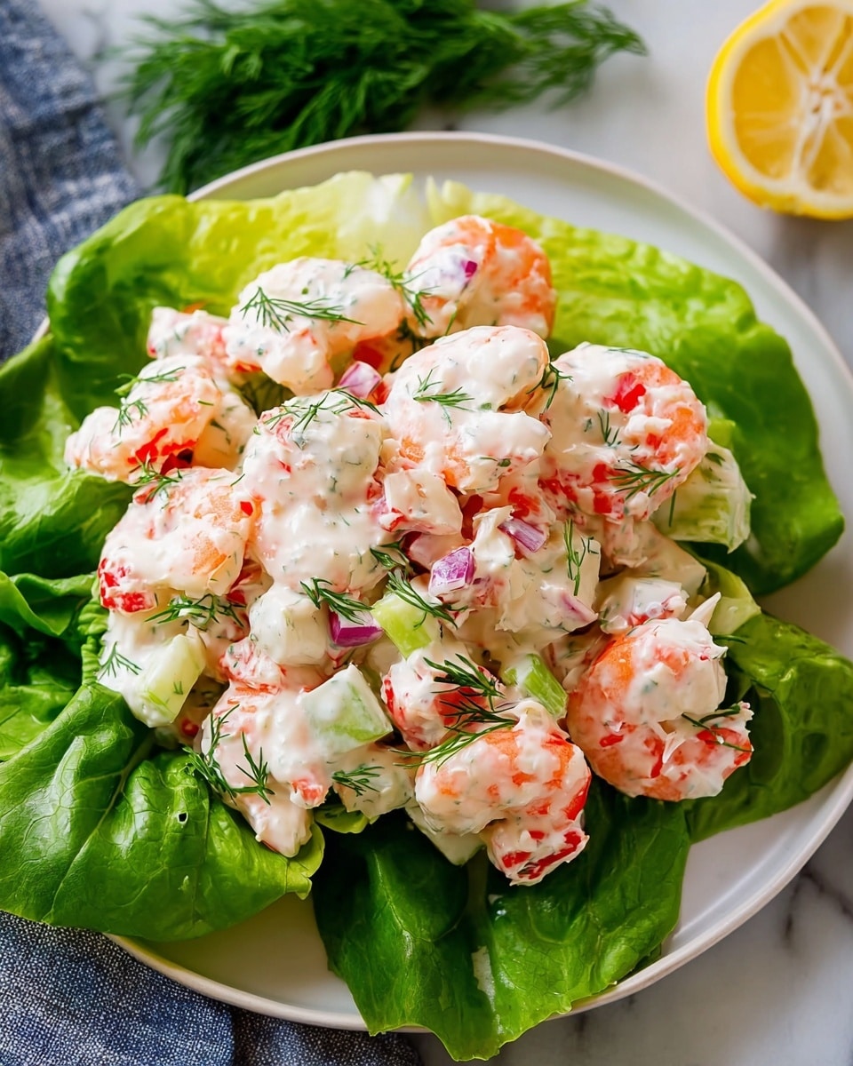 The image shows a white plate with fresh green lettuce leaves as the base layer, holding a mix of shrimp and imitation crab pieces coated in a creamy white sauce with green herbs scattered on top. The shrimp are pinkish-orange and plump, while the imitation crab is white with pinkish-red streaks. Small pieces of chopped celery and red onion add texture and color throughout the mix. A lemon wedge is placed at the edge of the plate, and there are some fresh dill sprigs on the side against a white marbled surface. The photo taken with an iphone --ar 4:5 --v 7