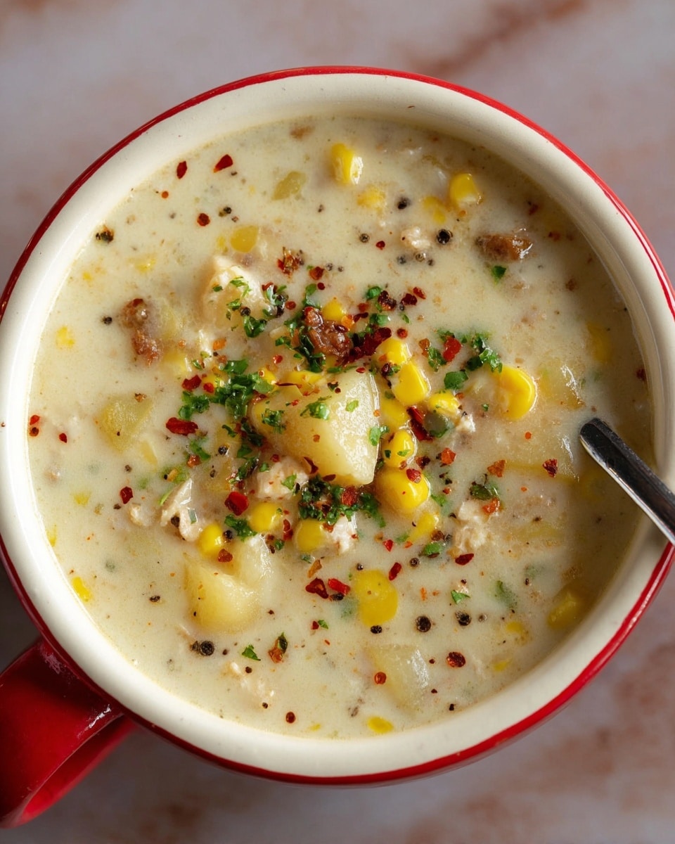 This close-up image shows a rich, creamy white soup served in a white bowl with a red rim and handle. The soup has a thick, smooth texture with visible chunks of yellow corn and small pieces of light brown meat or potatoes. The surface is sprinkled with finely chopped green herbs, black pepper specks, and red chili flakes, adding vibrant color contrast. A silver spoon is partially visible inside the bowl on the right side. The bowl sits on a background with a white marbled texture. Photo taken with an iphone --ar 4:5 --v 7