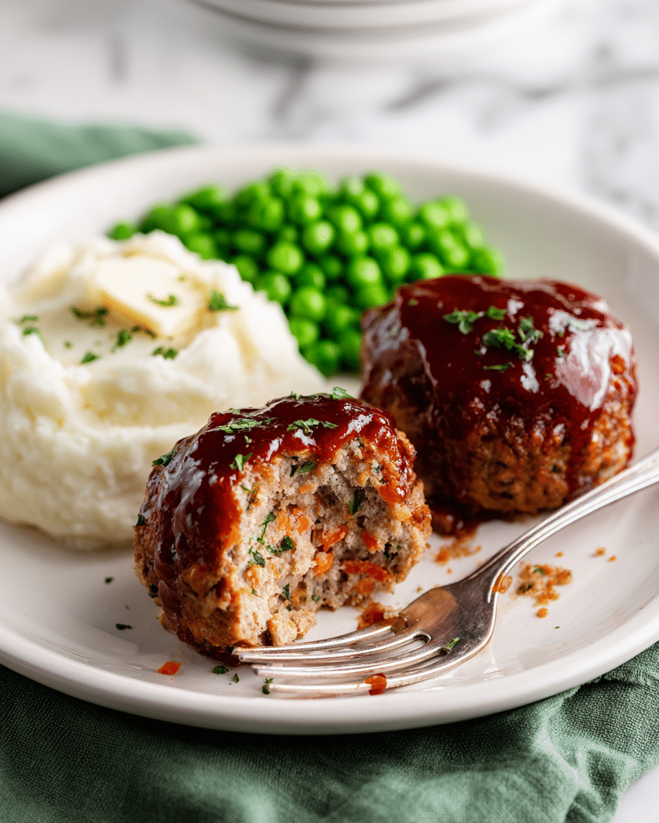 A white round plate holds two small, round meatloaf muffins topped with a shiny, dark reddish-brown glaze, one of which is cut open to show a crumbly texture inside with bits of carrots and herbs. On the left side of the plate is a smooth, creamy mound of white mashed potatoes, and in the background, there is a bright green heap of peas. A silver fork rests on the plate, near the cut meatloaf, with some crumbs around it. The scene is set on a white marbled surface with a green cloth partially visible underneath the plate. Photo taken with an iphone --ar 4:5 --v 7