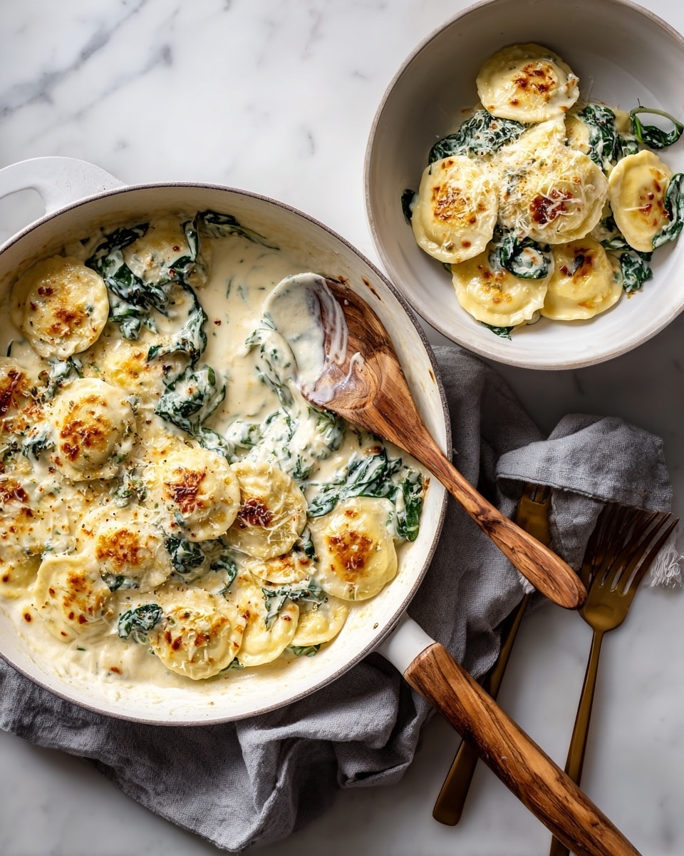 A white pan filled with ravioli covered in creamy white cheese sauce mixed with green spinach leaves and browned melted cheese on top. There is a wooden spoon resting inside the pan, partially scooping out some ravioli. To the right, a white bowl holds a serving of ravioli layered thick with the same creamy sauce, spinach, and melted browned cheese, with a golden fork resting on the edge of the bowl. The scene is set on a white marbled surface with a gray cloth under the pan. Photo taken with an iphone --ar 4:5 --v 7