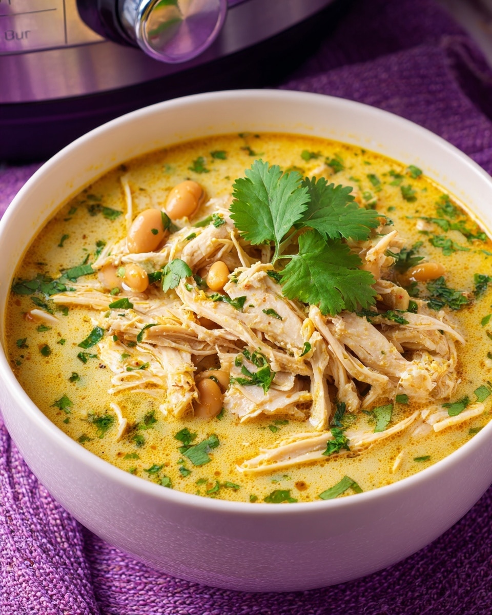 A white bowl filled with a creamy yellow soup, containing shredded chicken mixed with beans and chopped green herbs; two fresh green cilantro leaves sit on top as garnish. The chicken pieces are tender and stringy, spread evenly in the thick broth, with small chunks of vegetables visible. The bowl is placed on a purple textured mat, and a silver kitchen appliance with a round knob is blurred in the background. The overall scene is bright and appetizing. photo taken with an iphone --ar 4:5 --v 7