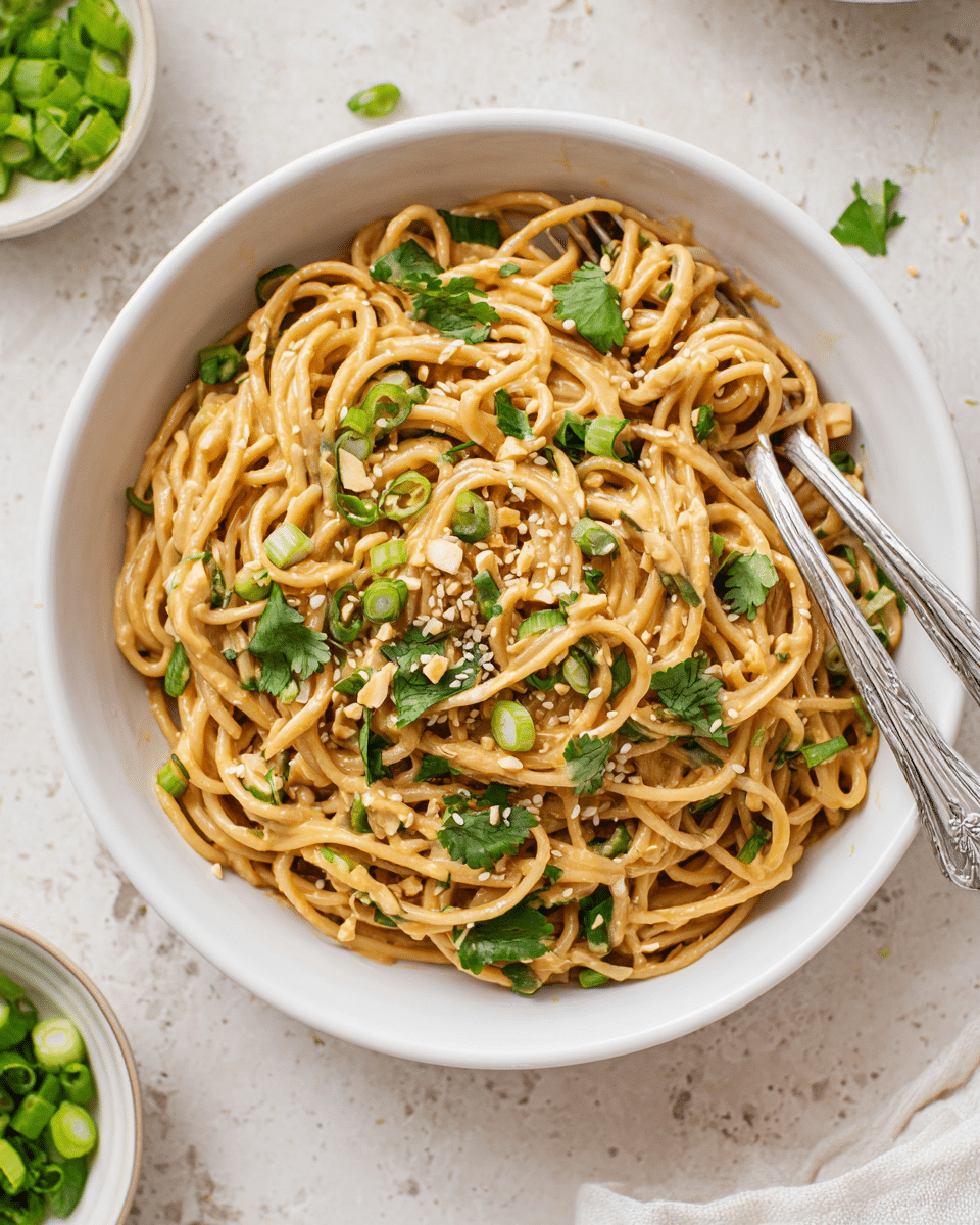 A white bowl filled with creamy peanut noodles, where the noodles are light brown and coated in a smooth, glossy sauce. The noodles are mixed with chopped green onions and fresh green cilantro leaves scattered on top. Toasted sesame seeds are sprinkled over the noodles, adding texture and a golden color. A silver serving spoon and fork rest on the edge of the bowl. The bowl is placed on a white marbled textured surface with small bowls containing chopped green onions nearby. photo taken with an iphone --ar 4:5 --v 7