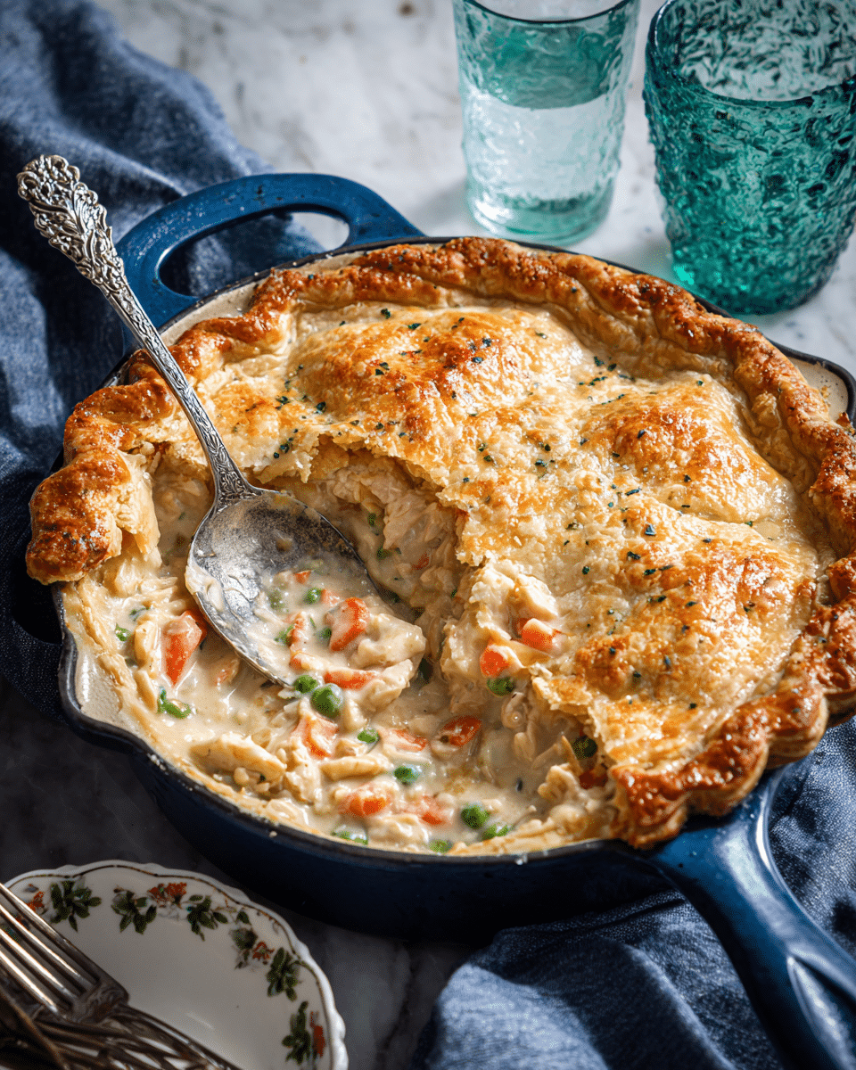 A blue cast iron skillet holds a golden-brown, flaky pie crust covering a creamy mixture of diced chicken, small carrots, and green peas, visible through a scoop taken out near the handle. A silver spoon with ornate patterns rests inside the cutout, partly submerged in the filling. The skillet sits on a white marbled surface next to a folded blue cloth, a green textured glass, a blue transparent glass filled with water, and a small white dish with green floral patterns holding a pair of forks. The lighting brings out the crust’s crisp texture and the creamy filling inside. photo taken with an iphone --ar 4:5 --v 7
