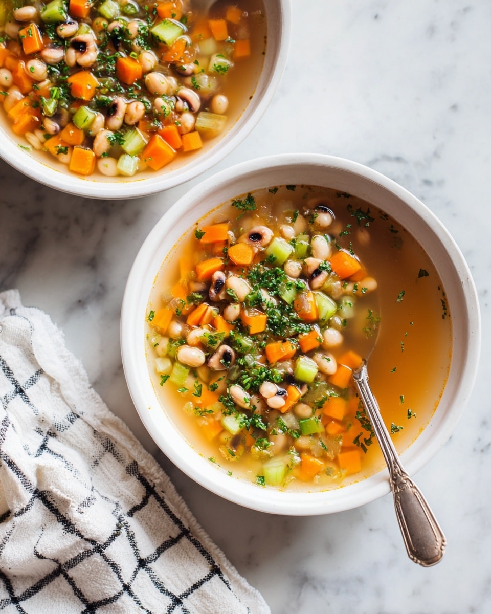 Two white bowls filled with vegetable and bean soup sit on a white marbled surface. The soup has three main layers: a clear light orange broth at the base, a middle mix of chopped orange carrots, green celery pieces, black-eyed peas, and chickpeas, and a top layer of chopped green herbs spread evenly. One bowl has a silver spoon inside, partly submerged in the soup. A white cloth with a black grid pattern rests beside one bowl. The scene is bright with natural light. Photo taken with an iphone --ar 4:5 --v 7