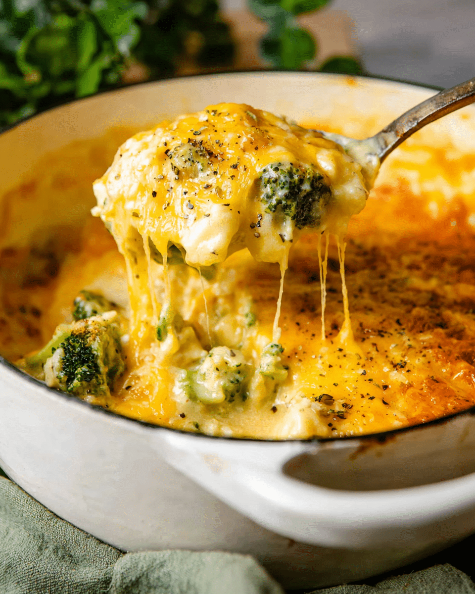 The image shows a close-up of a large white pot filled with a creamy cheesy dish. The dish has three main layers visible: a melted rich golden-yellow cheese layer on top, melted white cheese mixed underneath, and pieces of green broccoli scattered throughout. The cheese looks stretchy and smooth, lightly sprinkled with black pepper for texture. A spoon lifts a portion from the pot, showing the thick, gooey cheese stretching between the pot and the spoon, with chunks of broccoli and white sauce visible inside. The pot is placed on a soft green cloth with a blurred green leafy background. Photo taken with an iphone --ar 4:5 --v 7