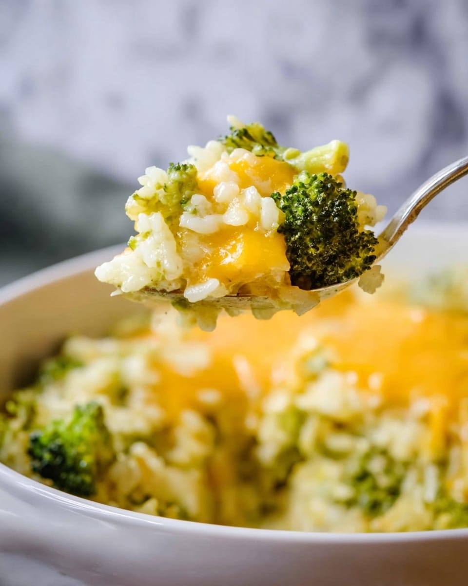 A close-up view of a fork holding a bite of cheesy broccoli rice casserole, showing three layers: bright green broccoli florets on one side, creamy melted yellow cheese covering the white rice in the middle, and a soft mix of rice and cheese underneath. The spoonful is lifted above a white bowl filled with the same cheesy broccoli rice dish, with visible chunks of broccoli and soaking melted cheese on top. The background is softly blurred with a white marbled texture surface underneath. photo taken with an iphone --ar 4:5 --v 7