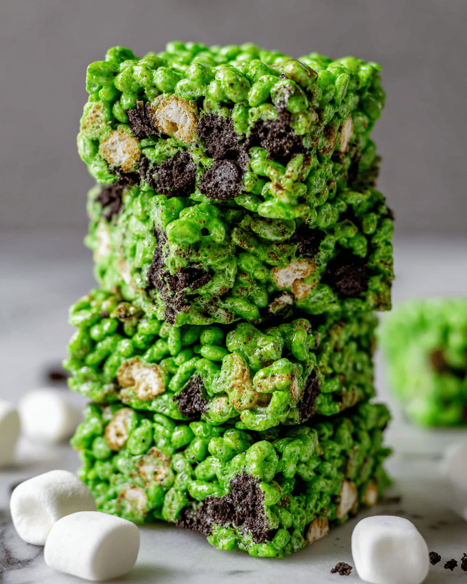 A stack of three thick, square rice treats colored bright green, each layer showing a textured surface made from puffed rice cereal mixed with small chunks of dark cookie bits. The treats have a shiny, slightly sticky look, and the green color is mixed with the lighter beige cereal pieces and scattered dark cookie pieces. Around the base of the stack, there are a few small white marshmallows and some cookie crumbles scattered on a white marbled surface. The photo is focused closely on the stack, showing the crunchy texture and vibrant green color. photo taken with an iphone --ar 4:5 --v 7