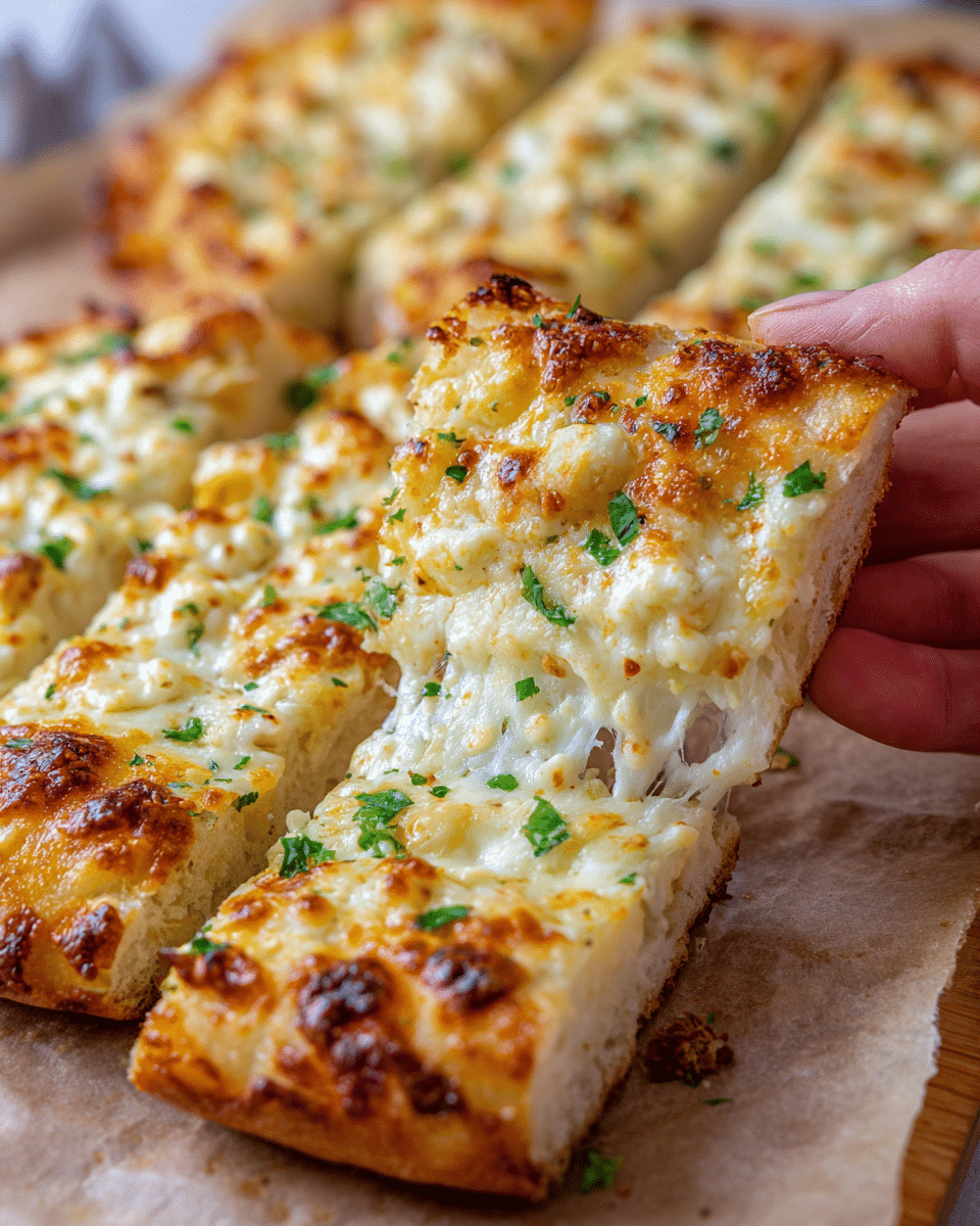 The image shows slices of cheesy garlic bread on baking paper, with a close-up focus on one slice being pulled apart by a woman's hand, stretching melted mozzarella cheese between the two pieces. Each slice has a thick golden-brown crust with a crispy texture on the edges. The top layer is covered with bubbly, gooey melted white cheese that has small browned spots from baking, and there are visible bits of green herbs scattered throughout the cheese layer. The bread underneath is soft and slightly toasted, showing a light yellowish color with a smooth surface. Photo taken with an iphone --ar 4:5 --v 7