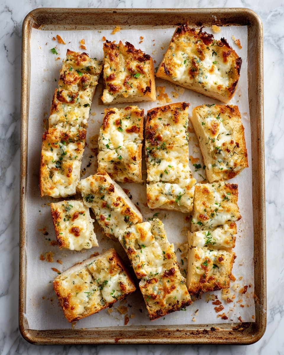 The image shows a baking tray lined with white parchment paper, holding fifteen pieces of cheesy bread cut into rectangular and wedge shapes. Each piece has one layer: a golden-brown crust base topped with melted, slightly browned cheese that has a creamy white and light golden color mixed with green herb flecks. The cheese looks gooey and bubbly with some crispy spots, and there are scattered bits of toasted cheese crumbs on the parchment around the bread. The tray edges are worn and browned, contrasting with the bright cheese on the bread, and the background is a white marbled texture. photo taken with an iphone --ar 4:5 --v 7