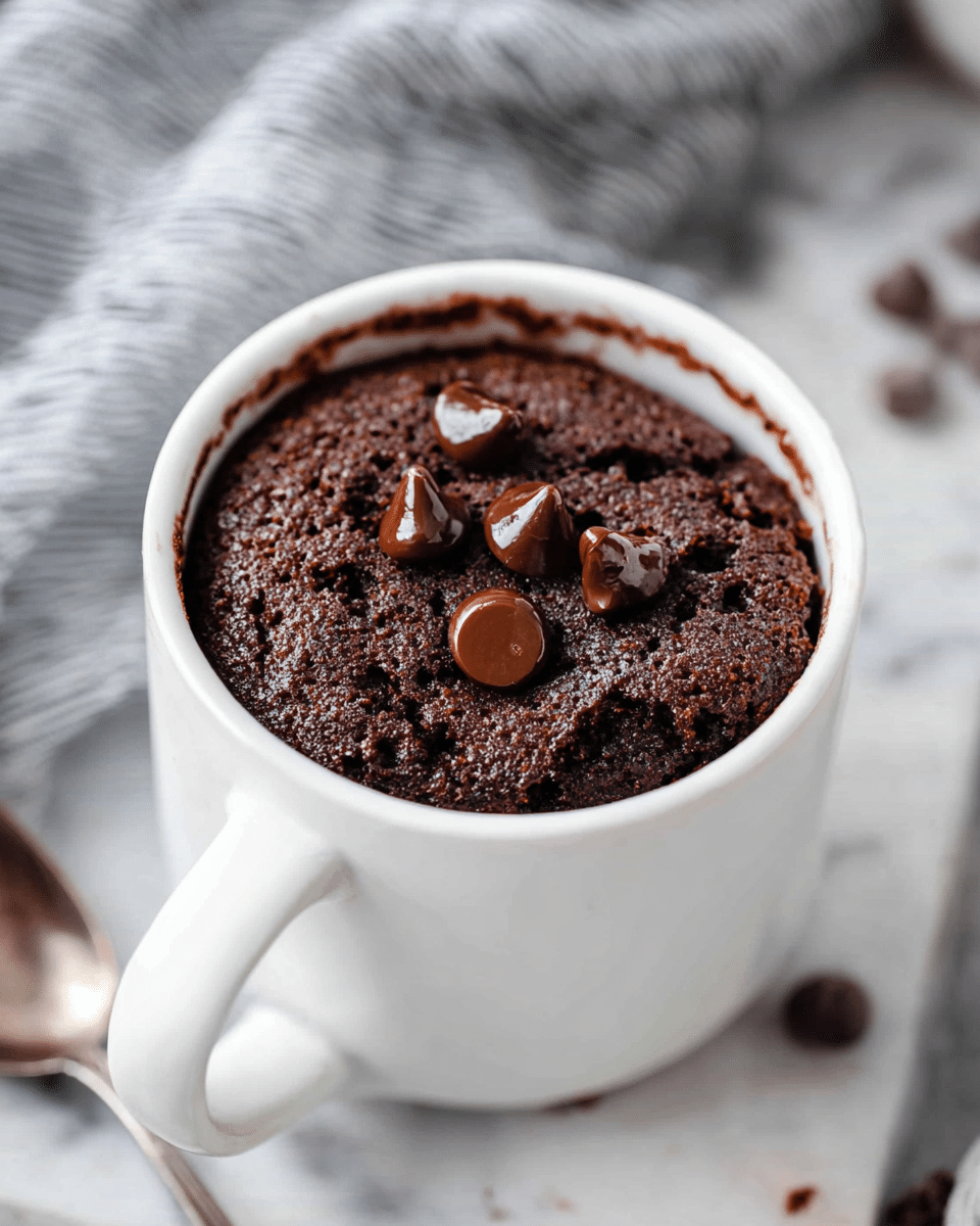 A close-up view of a white mug filled with a dark brown chocolate mug cake that has a porous, soft texture. On top of the cake are several glossy melted chocolate chips scattered unevenly, adding shiny highlights to the matte cake surface. The mug rests on a white marbled surface with a few chocolate chips nearby, and a gray and white striped cloth is partially visible in the blurred background. photo taken with an iphone --ar 4:5 --v 7
