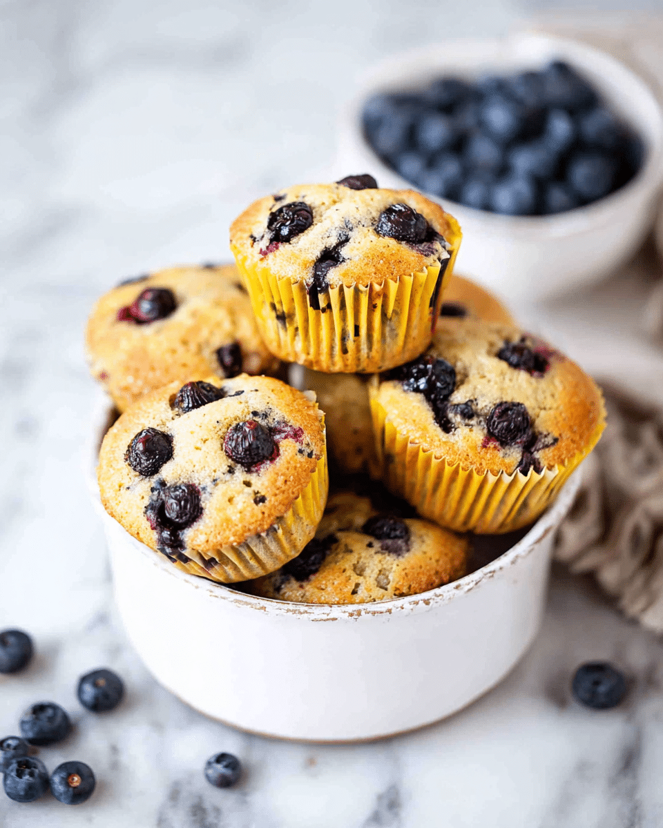 A white round container filled with seven golden-brown blueberry muffins in yellow paper liners, each muffin topped with dark blue blueberries bursting slightly, showing a soft, textured crumb inside; the container is placed on a white marbled surface scattered with loose blueberries, and a white bowl filled with fresh blueberries is blurred in the background. photo taken with an iphone --ar 4:5 --v 7