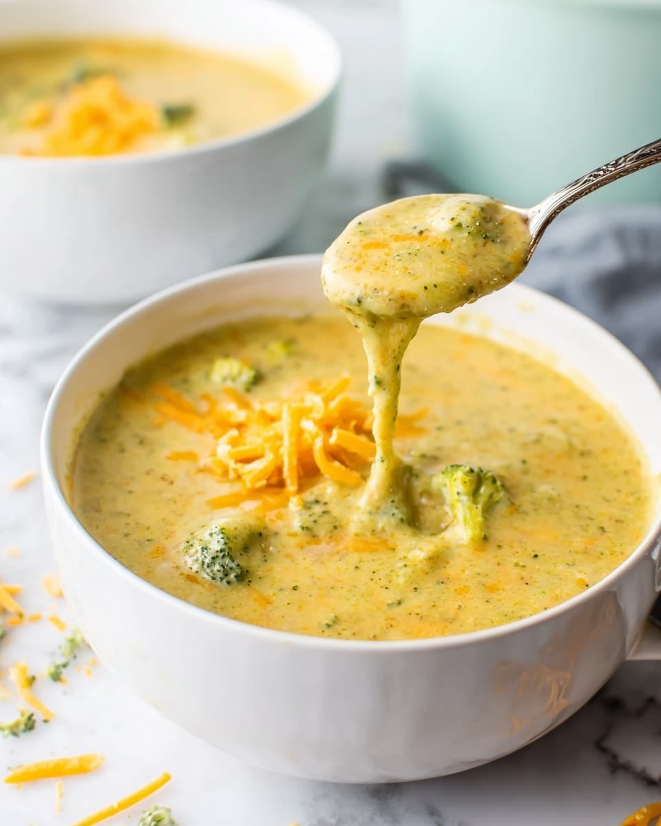 A white bowl filled with thick creamy soup with a yellow-green color from blended broccoli and melted cheese, with visible small broccoli pieces and thin orange cheese strands mixed throughout the soup. A spoon lifts some soup from the bowl, showing a gooey melted cheese stretch dripping down. The bowl rests on a white marbled surface with scattered small bits of shredded cheese around. In the blurry background is another white bowl with more soup and part of a light blue container. photo taken with an iphone --ar 4:5 --v 7