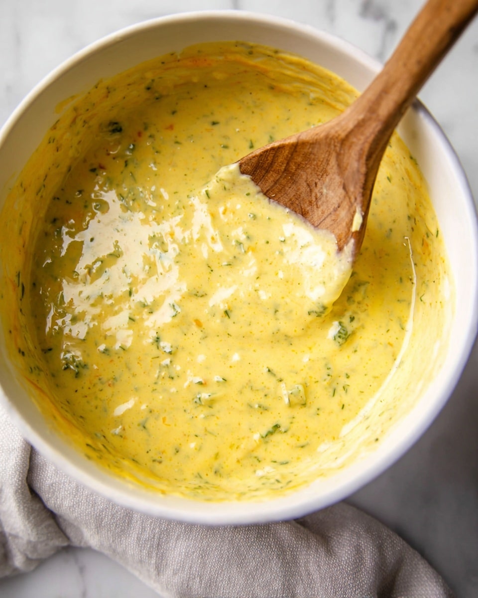 A close-up view of a creamy yellow mixture with green specks, held in a white bowl. The texture looks smooth and slightly thick, with small bits of herbs or vegetables evenly spread throughout. A wooden spoon is partially dipped into the mixture, showing its viscous consistency, and the spoon handle extends out of the bowl to the top right. The scene is set against a white marbled surface with a light gray cloth beneath the bowl. photo taken with an iphone --ar 4:5 --v 7
