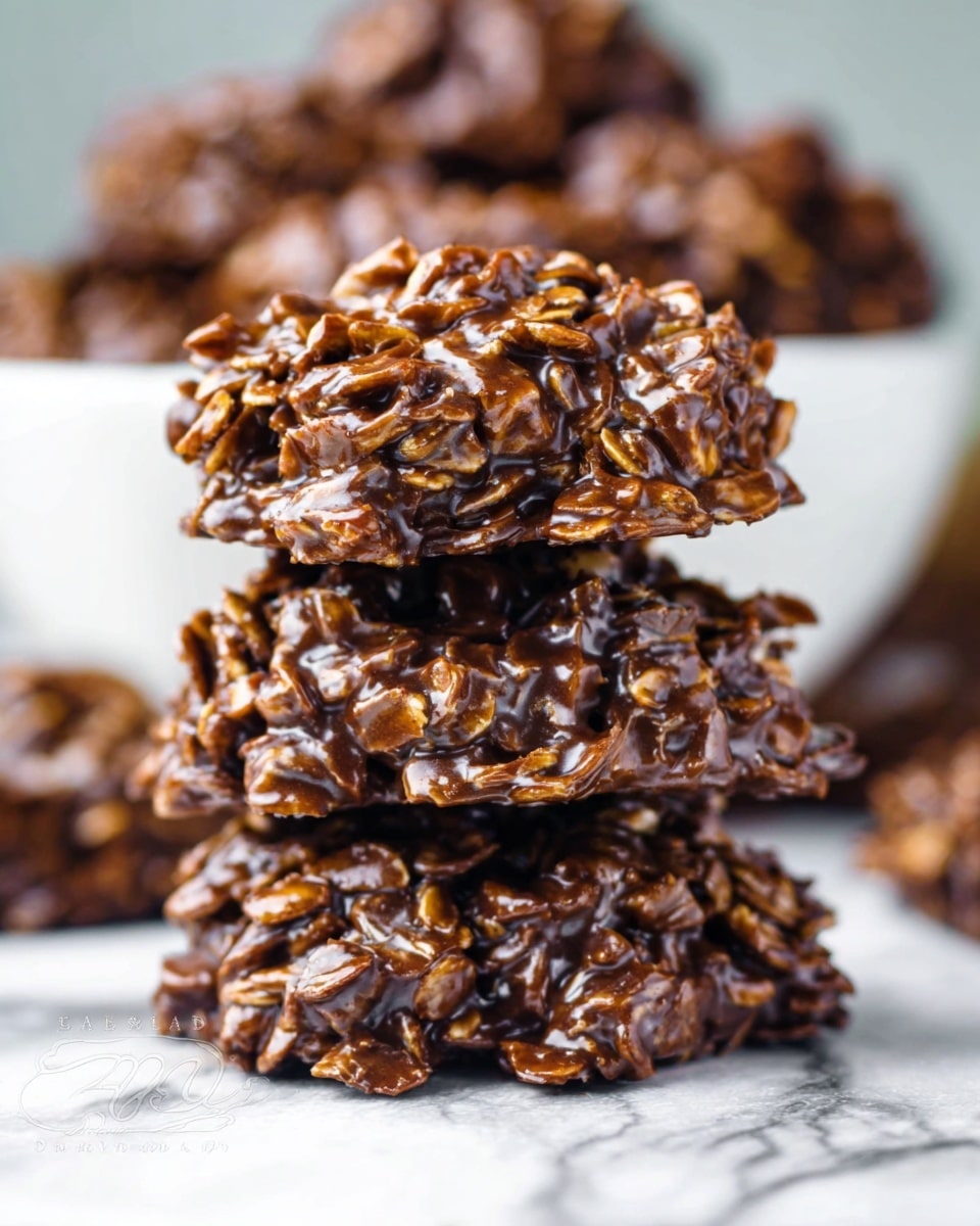 The image shows a stack of three no-bake chocolate oatmeal cookies on a white marbled surface, with each cookie having a rough, chunky texture from the oats and glossy, dark brown chocolate coating that binds them together. The cookies are irregularly shaped with visible oat flakes layered throughout, appearing dense and moist. In the soft-focused background, more cookies are seen inside a white bowl. The close-up shot highlights the shiny, sticky texture of the chocolate and the uneven oat layers within each cookie, creating a rich and appealing look. photo taken with an iphone --ar 4:5 --v 7