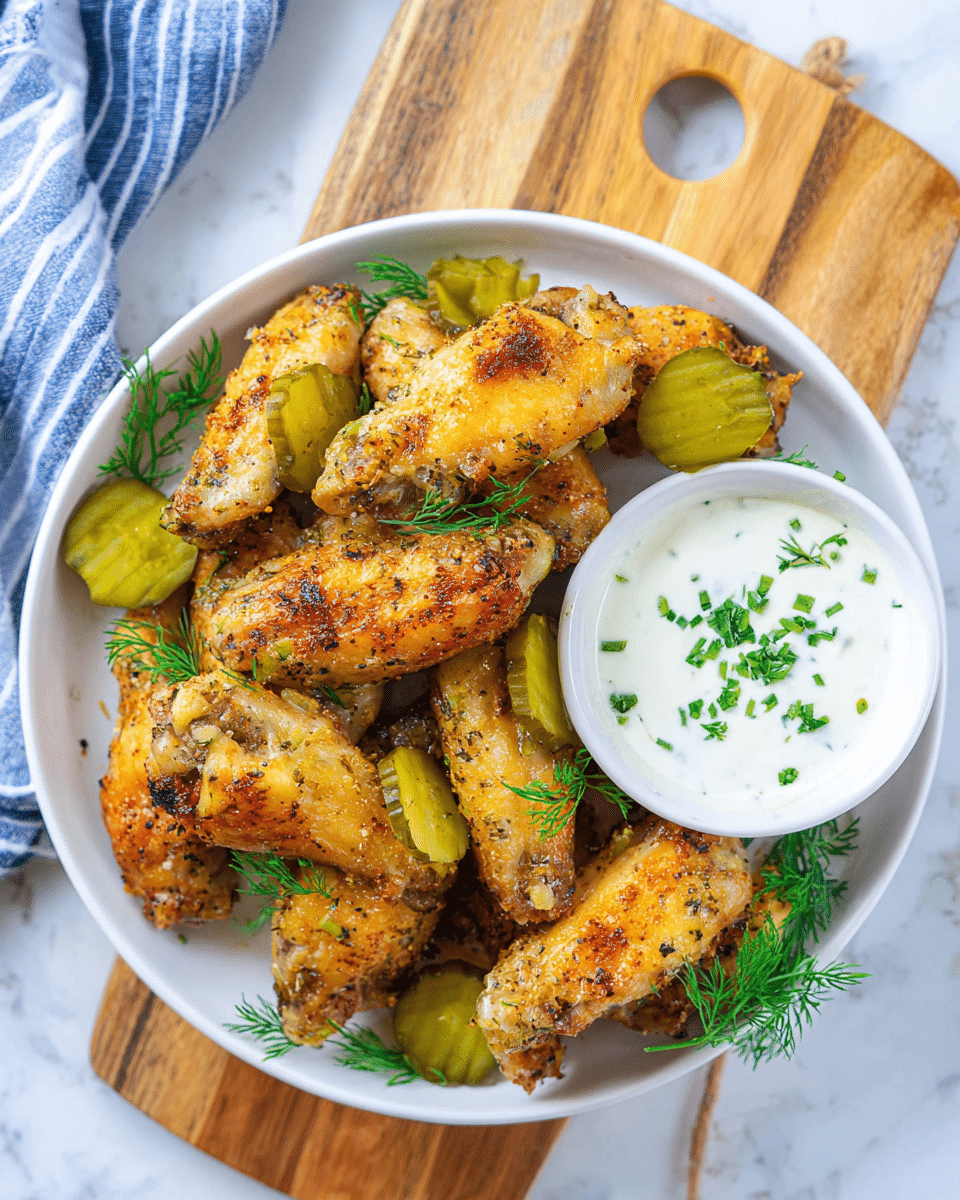 A white round plate filled with about ten golden roasted chicken wings, slightly crispy with visible herbs and spices on their surface, arranged in a loose pile. Scattered green pickle slices are mixed among the wings, adding a fresh contrast. Bright green sprigs of fresh dill are placed on and around the wings for decoration. On the right side of the plate, a small white bowl contains creamy white dipping sauce topped with finely chopped green herbs. The plate sits on a wooden cutting board with a hole, placed on a white marbled surface with a blue and white striped cloth nearby. Photo taken with an iphone --ar 4:5 --v 7