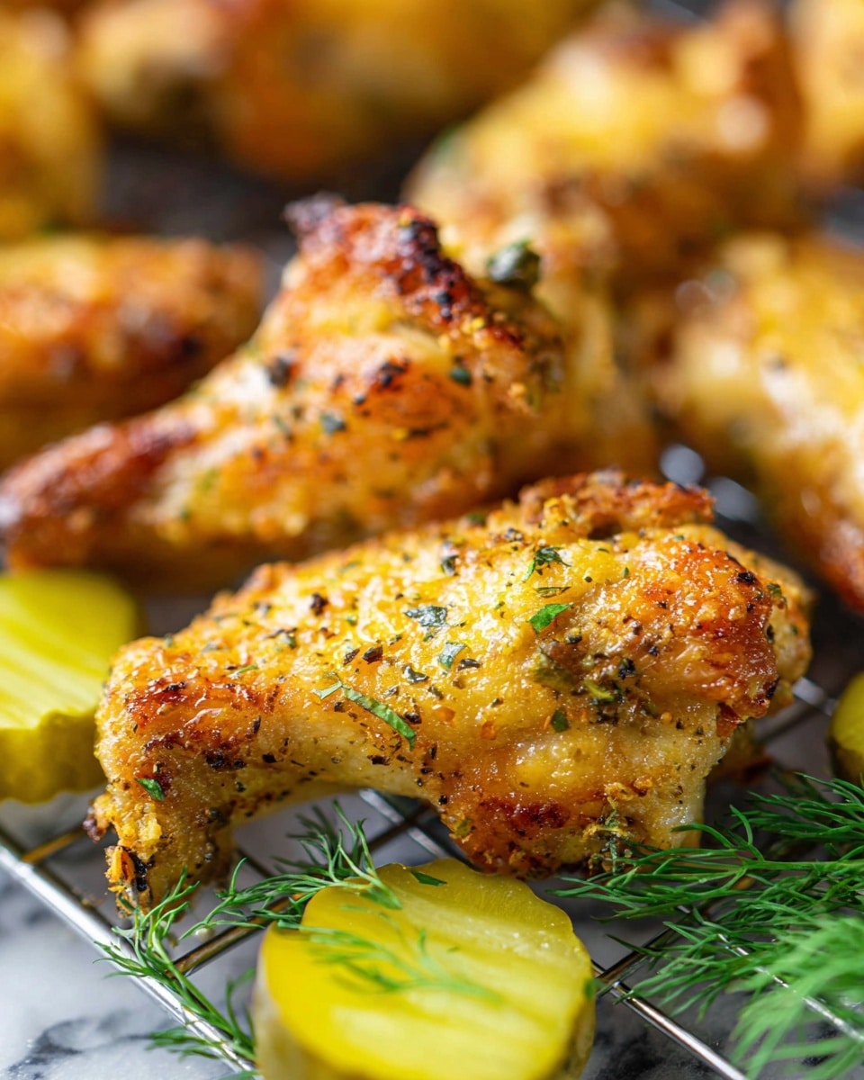 The image shows a close-up of several golden brown baked chicken wings with crispy skin sprinkled with herbs and small green bits. There are bright yellow-green pickle slices placed next to the wings. A few sprigs of fresh green dill are visible at the bottom. The food is arranged on a metal rack with blurred wings and pickles in the background, all set against a white marbled texture. photo taken with an iphone --ar 4:5 --v 7