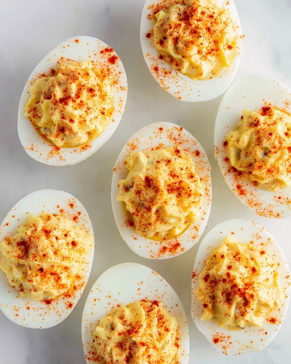 The image shows eight halves of deviled eggs placed on a white marbled surface. Each white egg half holds a generous scoop of creamy, pale yellow yolk filling that is whipped and has a smooth, slightly lumpy texture. The filling is sprinkled evenly with a fine layer of red paprika powder, adding a bright and contrasting color to the soft yellow and white layers. The eggs are arranged casually, with some overlaps, showing the smooth white egg whites surrounding the rich filling. The overall look is fresh, simple, and colorful. photo taken with an iphone --ar 4:5 --v 7